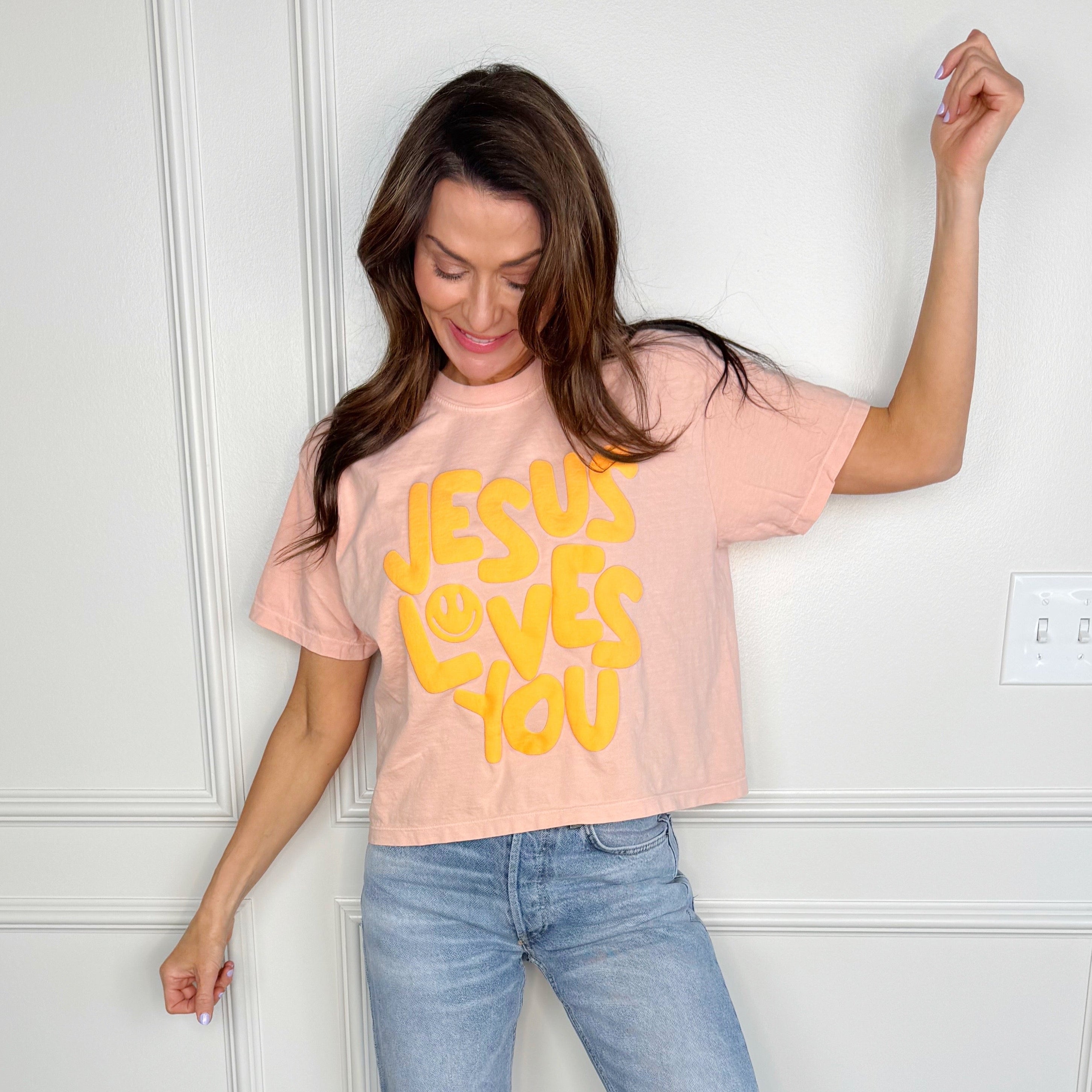 Smiley Jesus Loves You Puff Cropped Tee