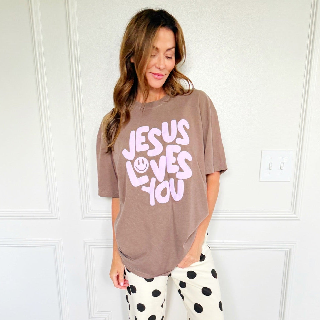 Smiley Jesus Loves You Puff Tee