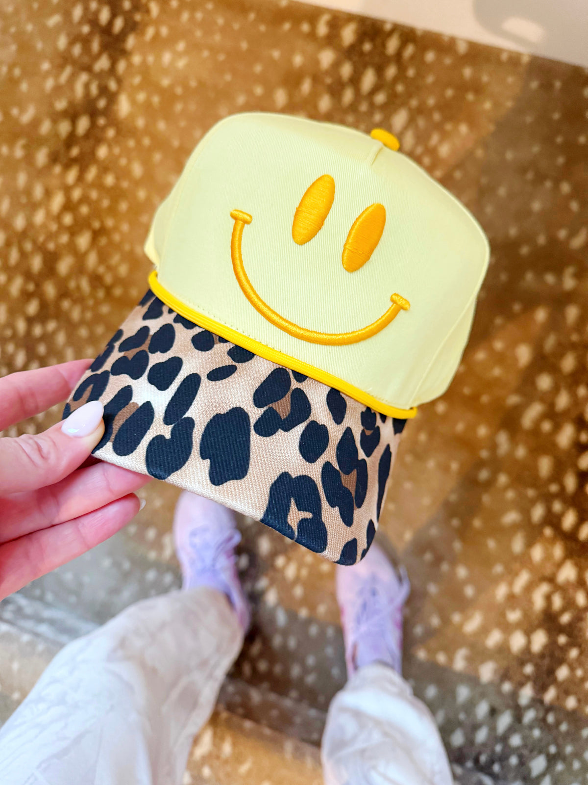 Women’s Smiley Face Yellow and White Cap Smiley Face Hats – Girl Be Brave main image 4