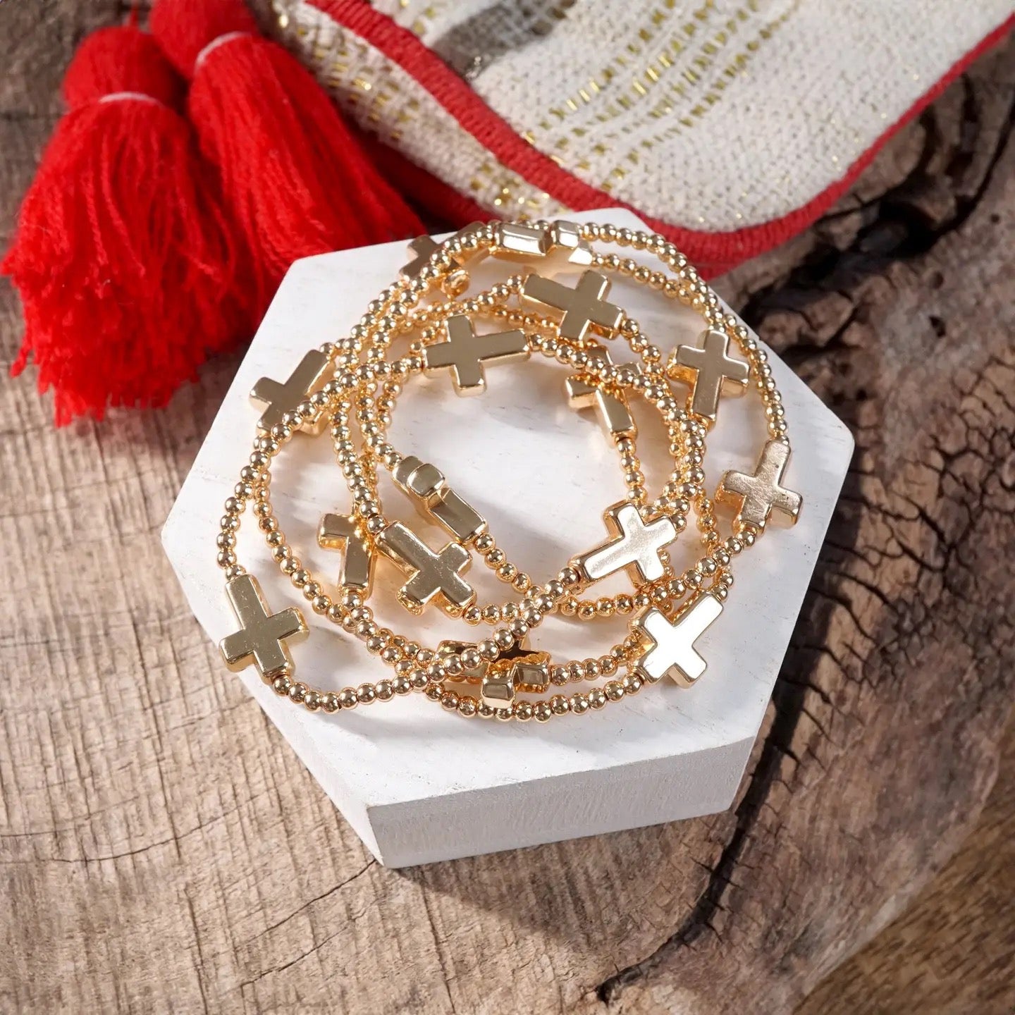 Gold Sideways Cross Bracelet Stack