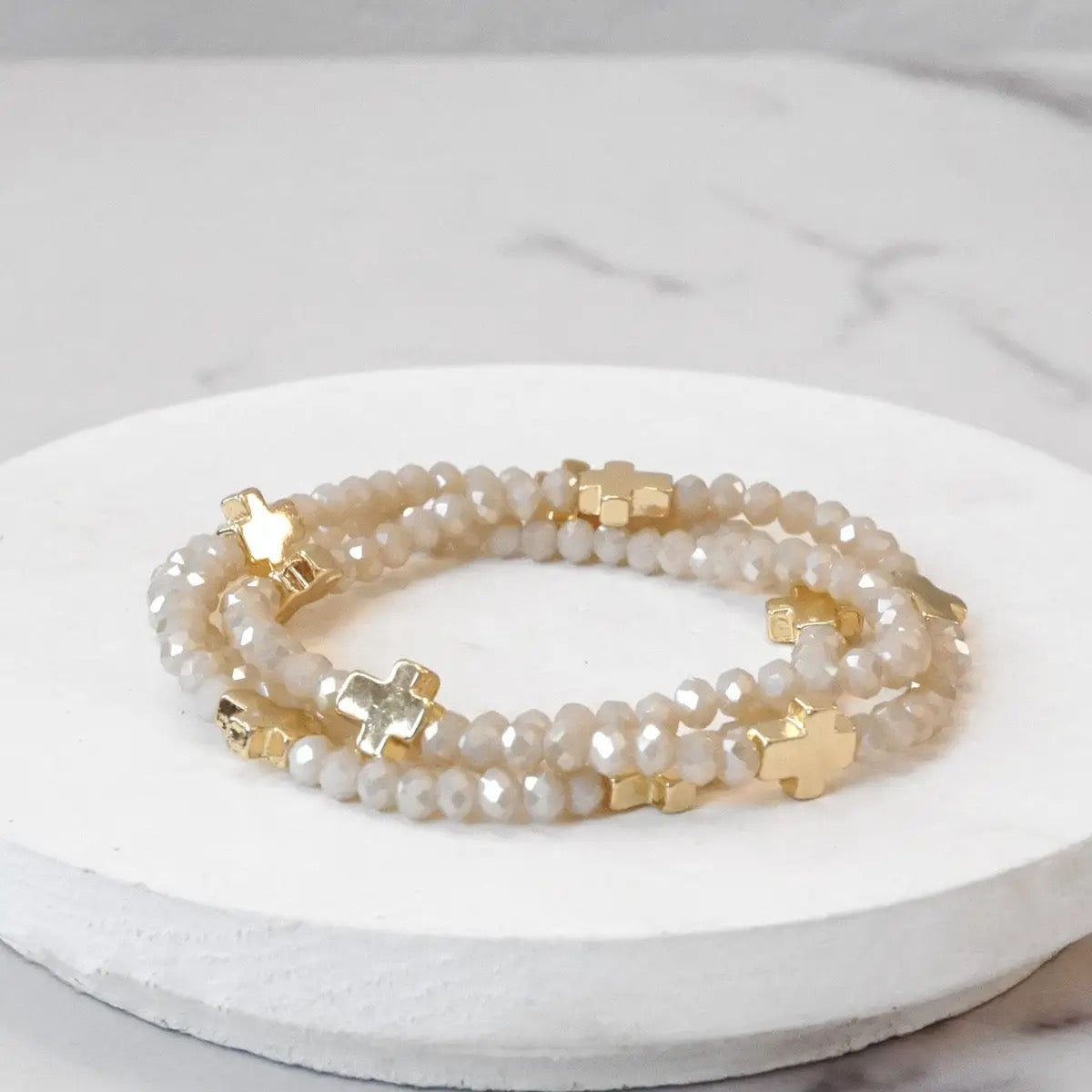 Mini Cross Gold and Glass Bracelet Stack