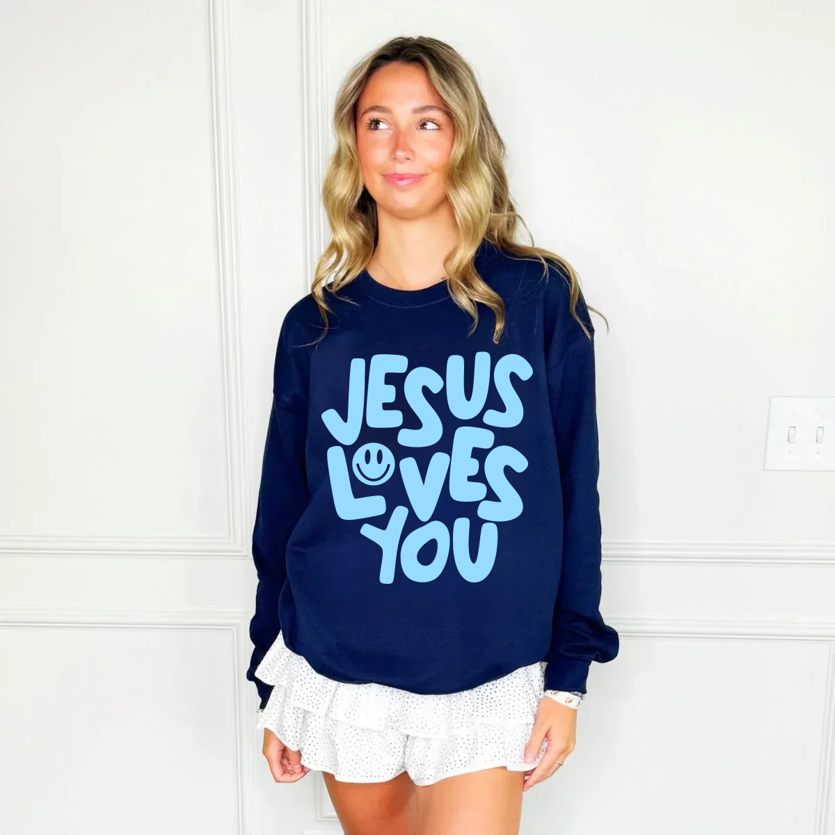 Smiley Jesus Loves You Puff Sweatshirt