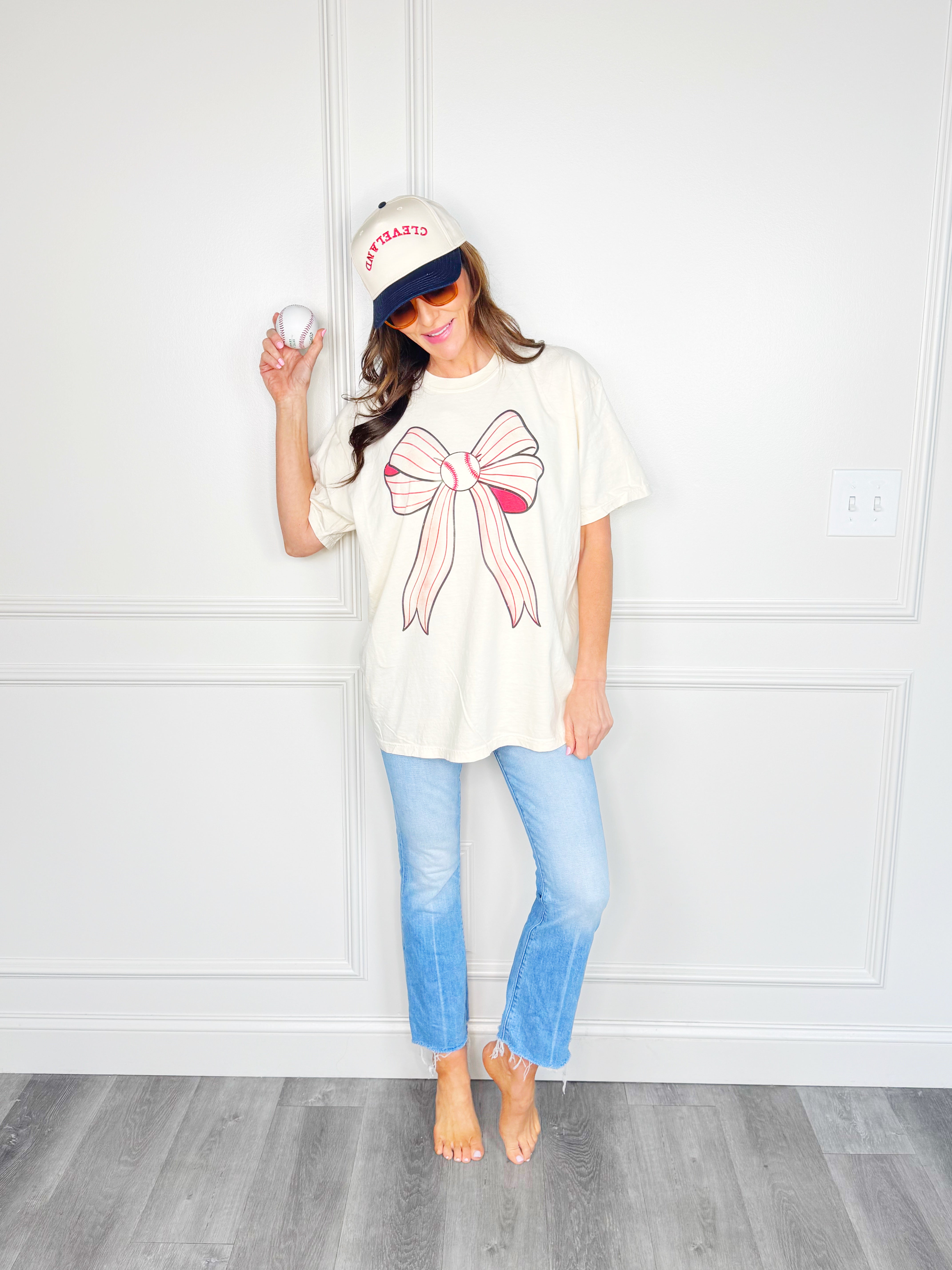 Red Pinstripe Baseball Bow Tee