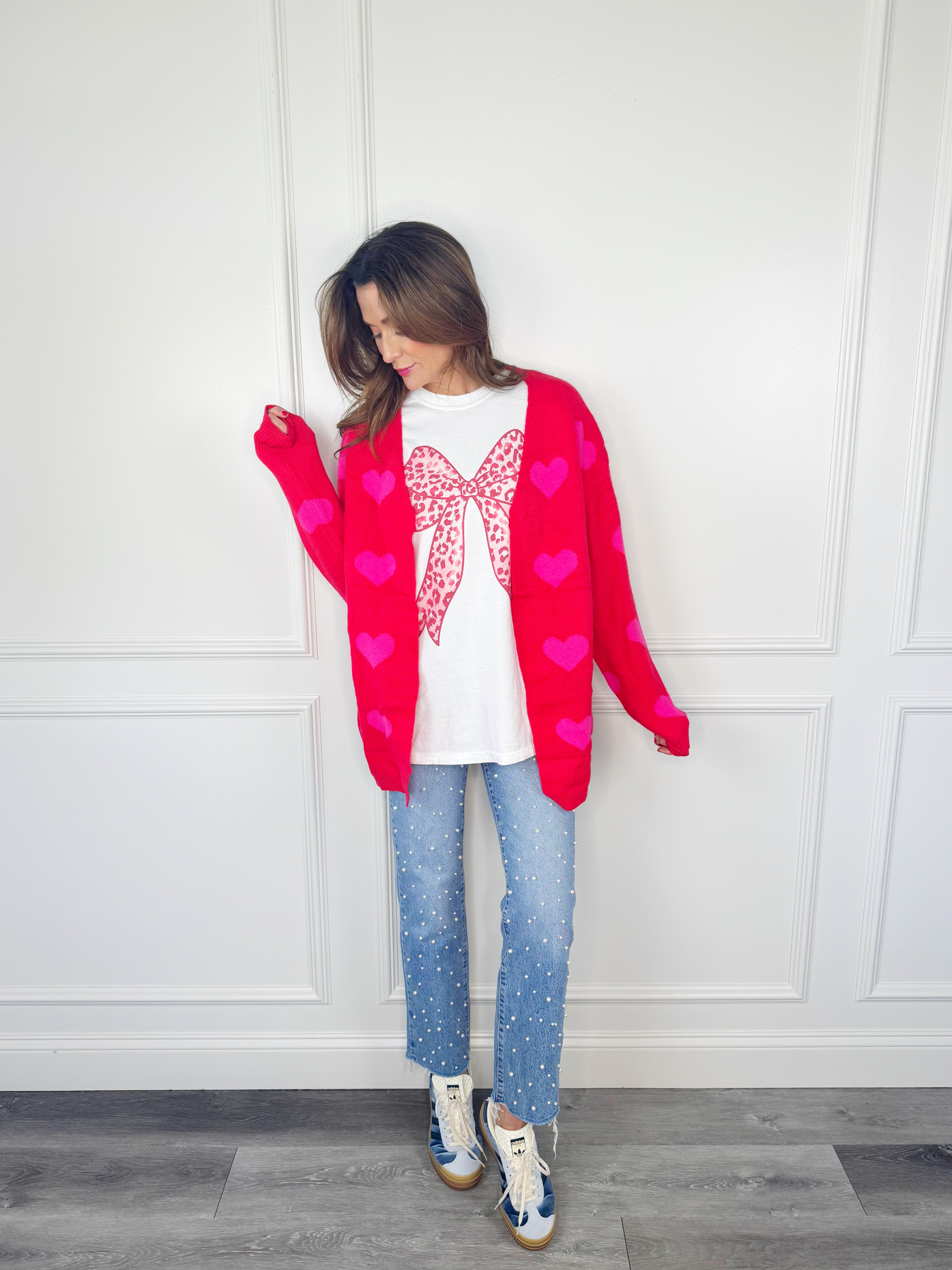 Pink Heart Pattern Cardigan
