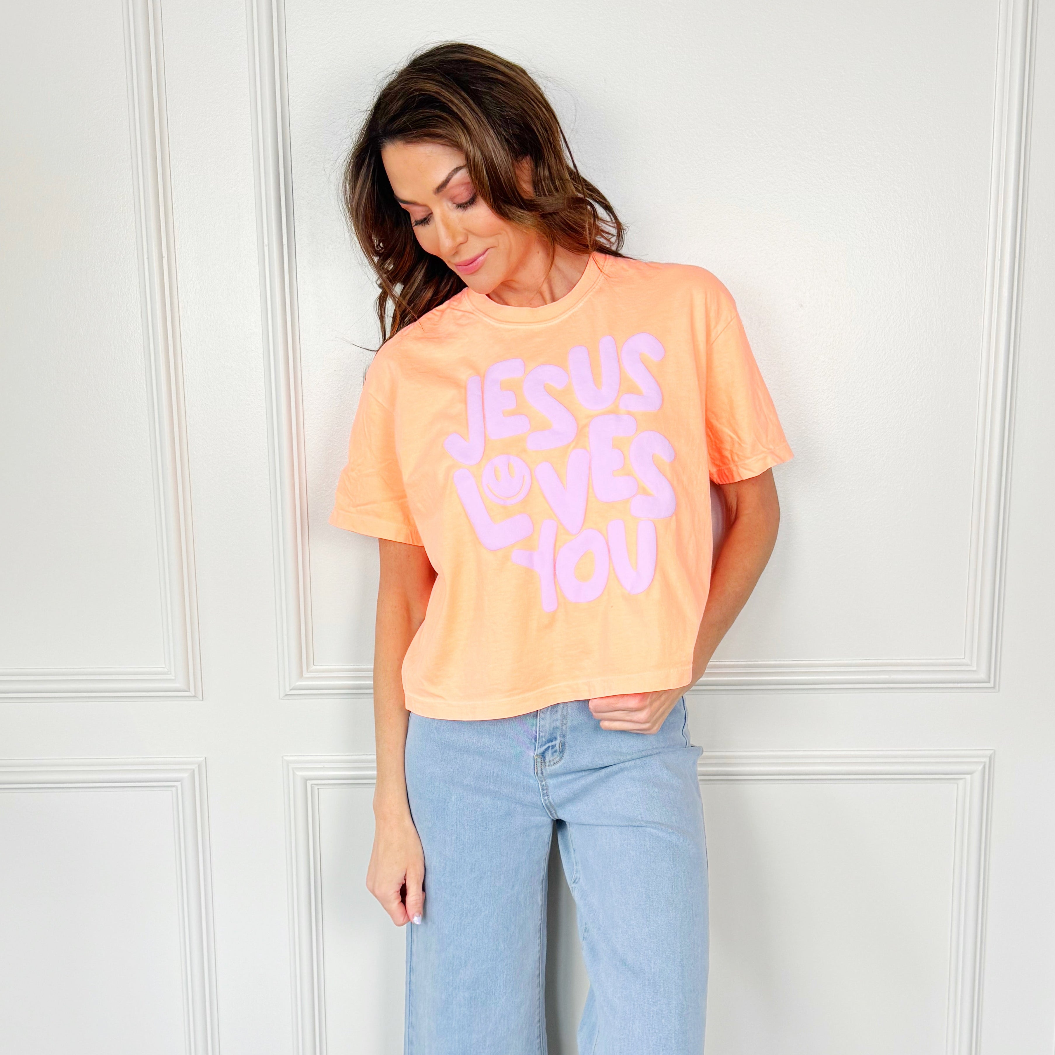 Smiley Jesus Loves You Puff Cropped Tee