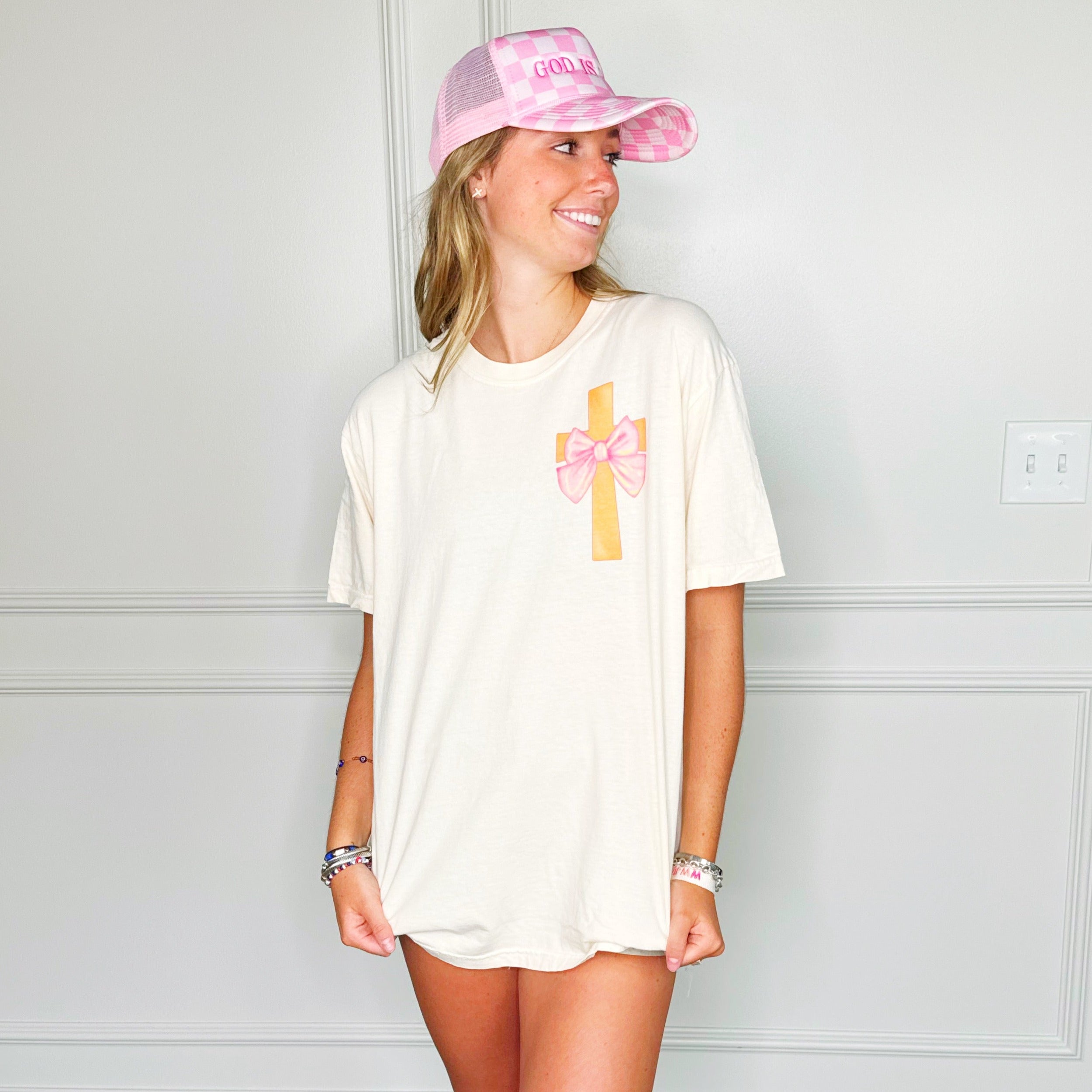 Cross with Pink Bow Youth & Adult Tee