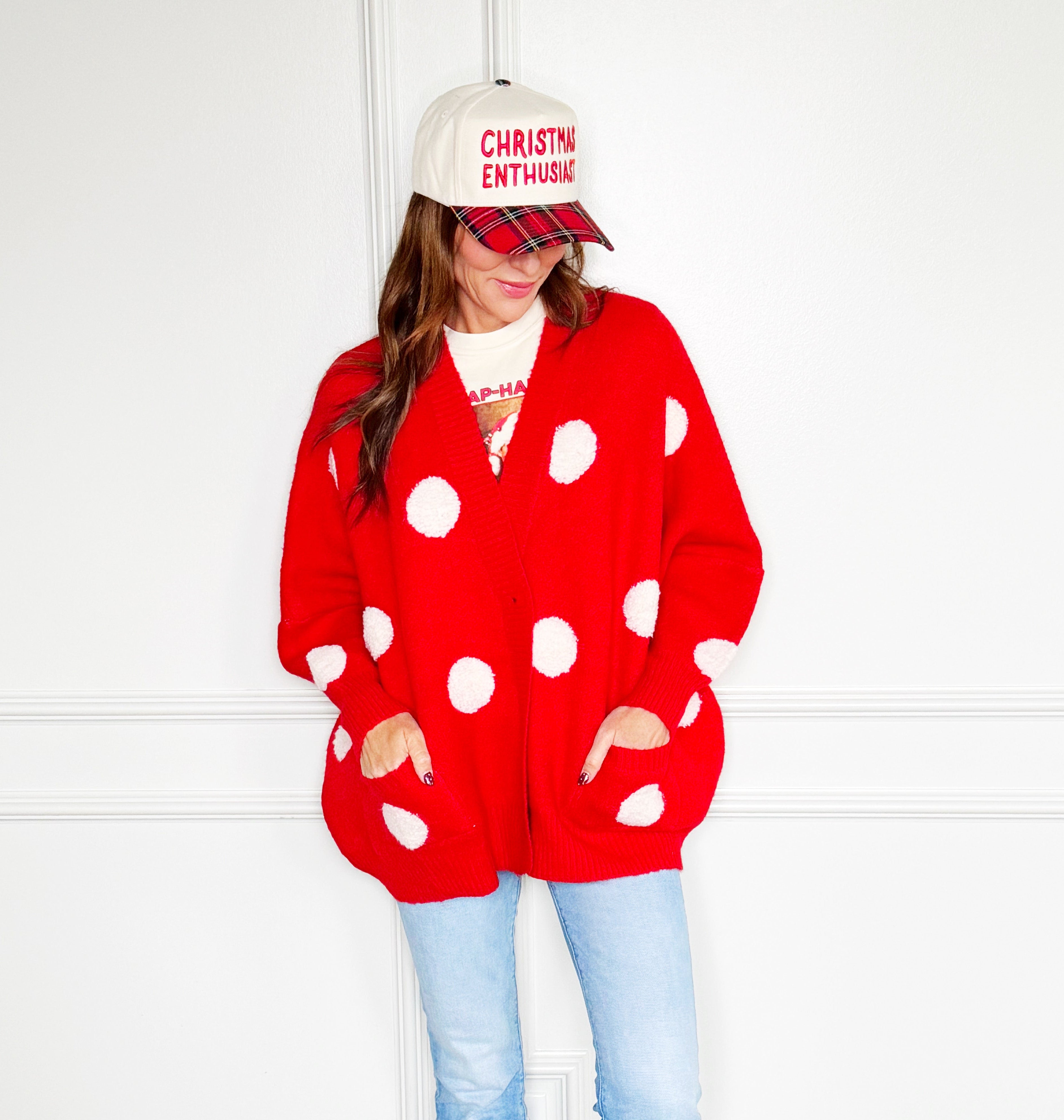 Oversized Red Polka Dot Cardigan