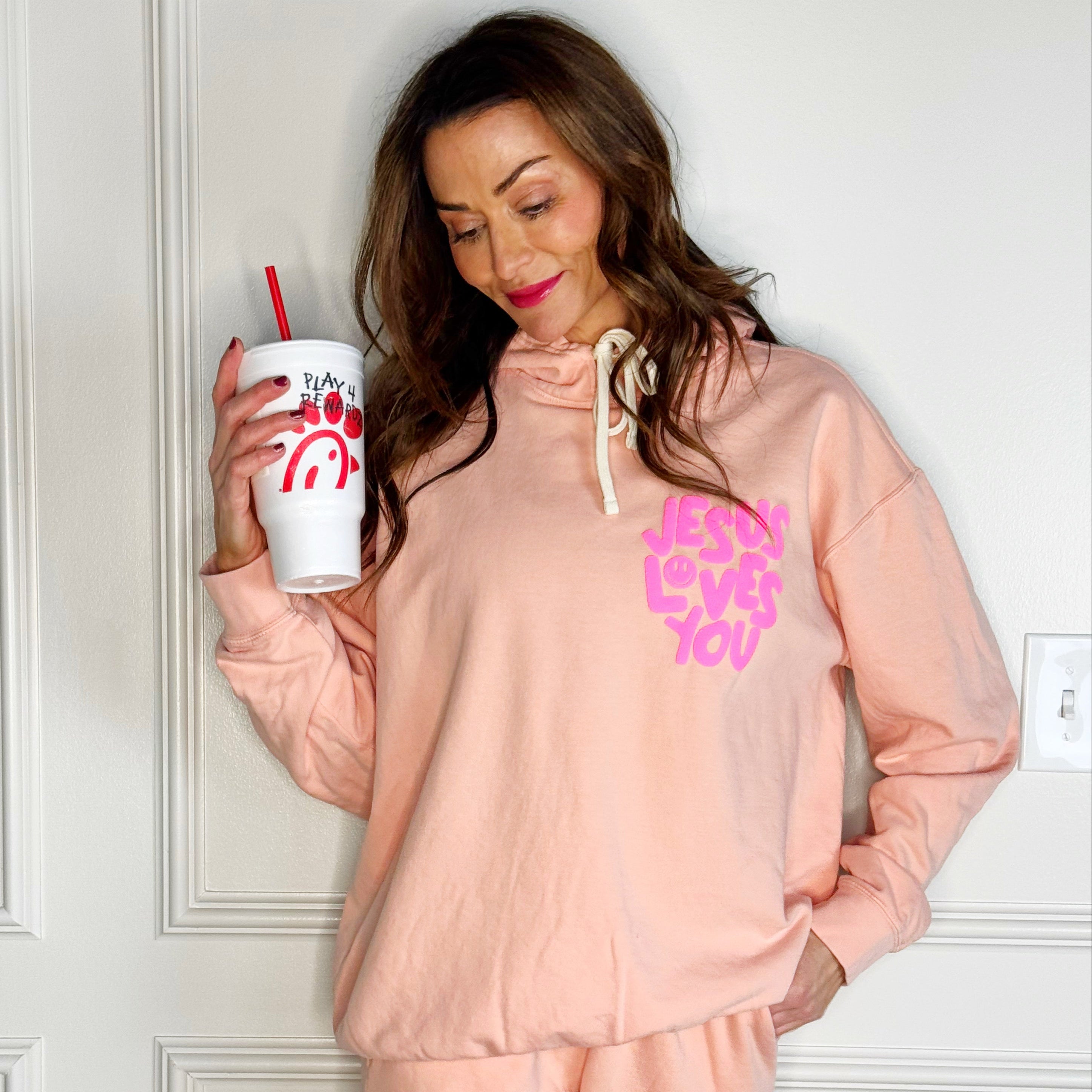 Puff Jesus Loves You Peachy Hoodie