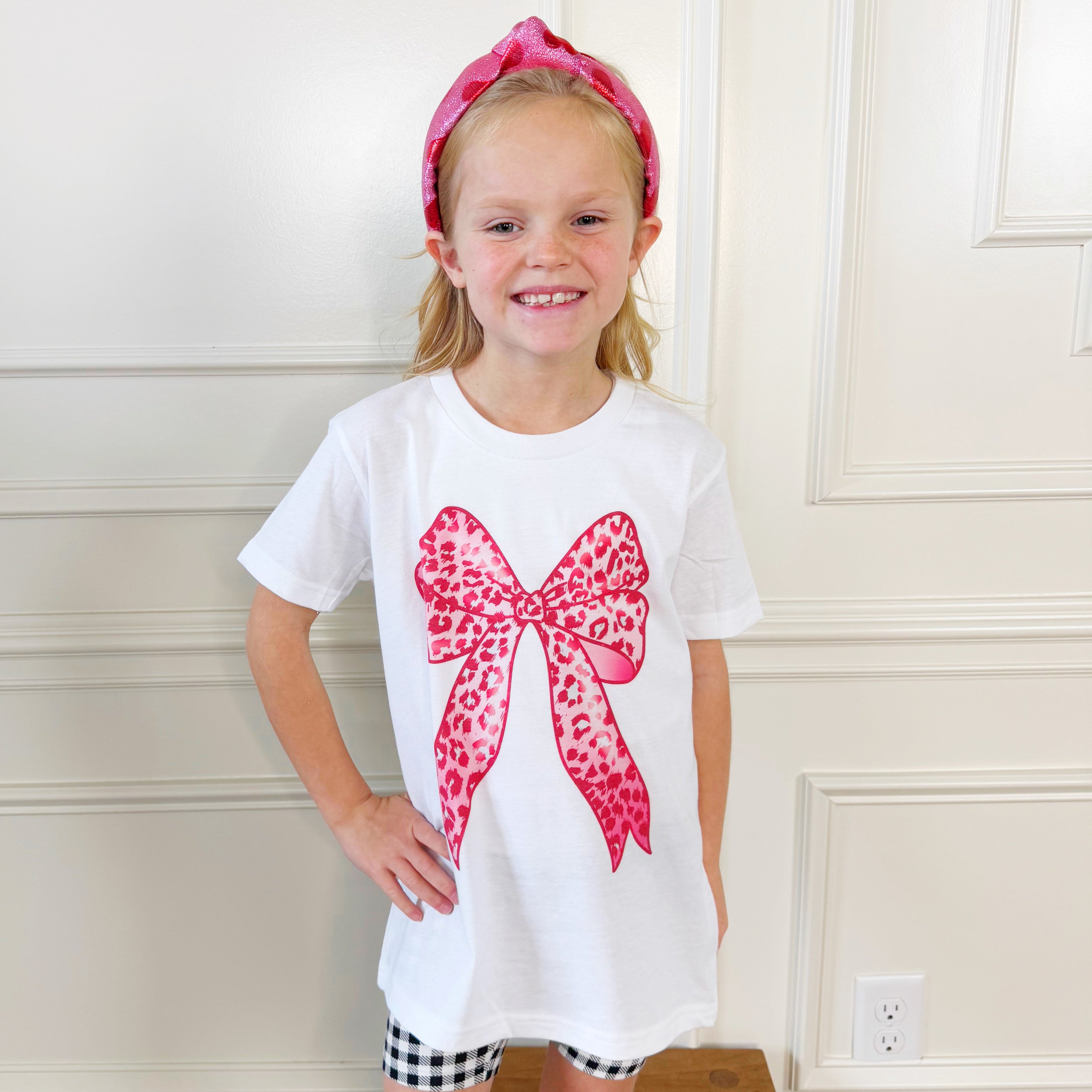 Fuchsia Leopard Bow Youth & Adult Tee