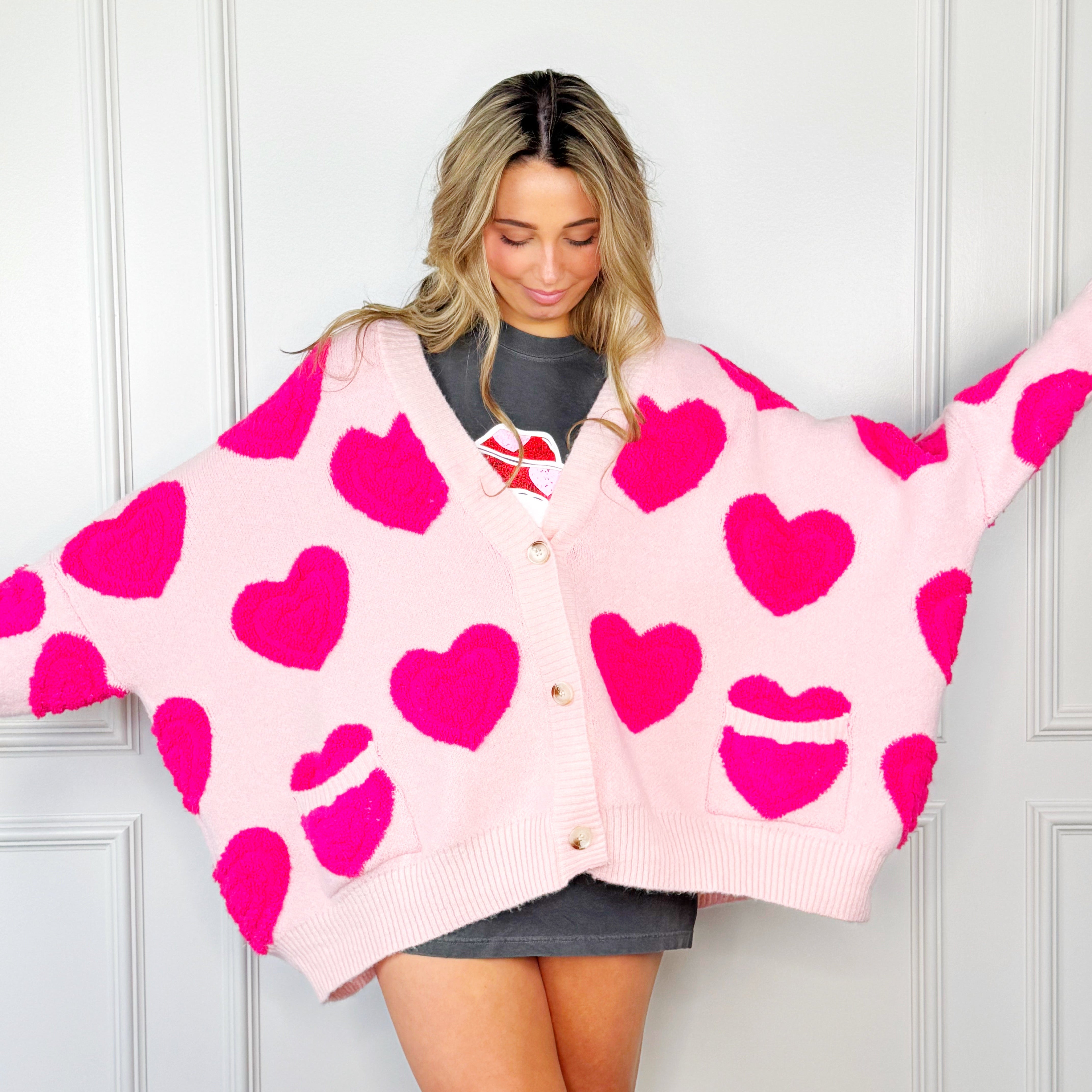 Rlmidhb Valentine's Day Oversized Button Up Sweaters For Women Love Heart Pink Button Down Knit Cardigan Open Front Long Sleeve Valentines Sweater