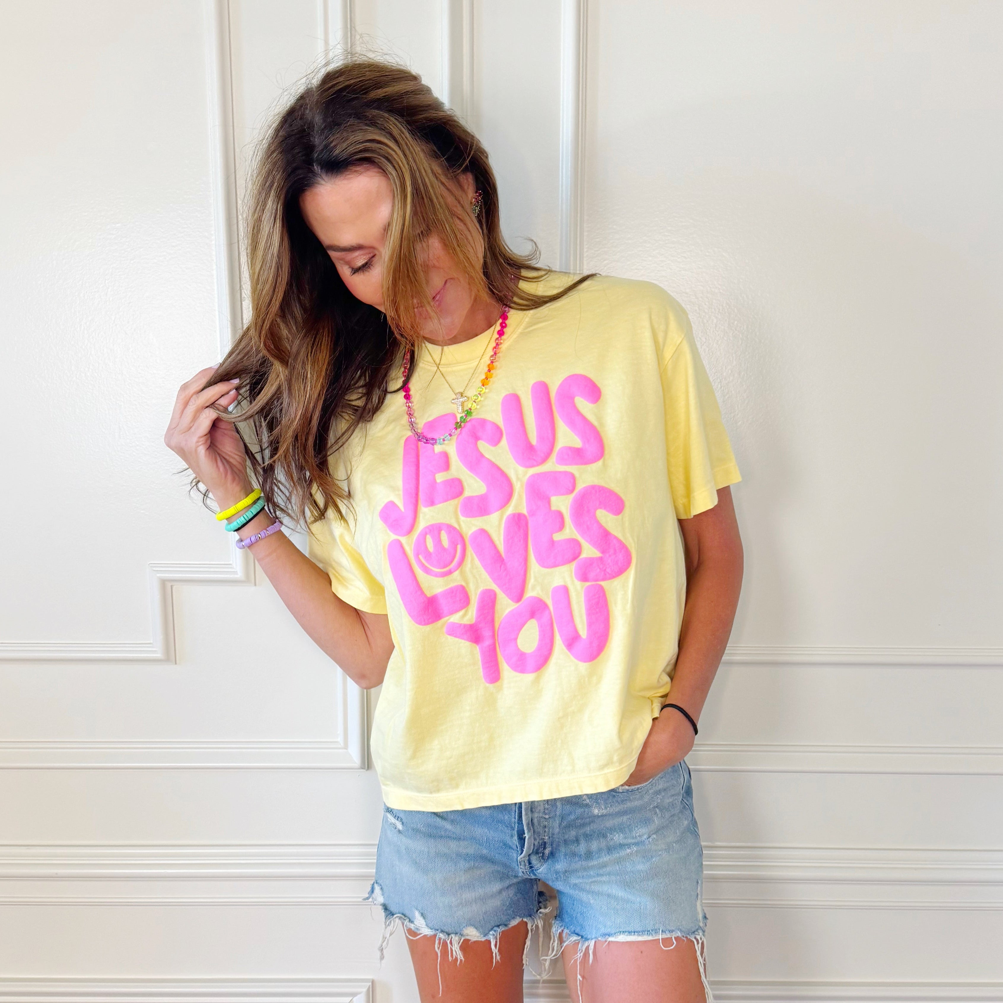 Smiley Jesus Loves You Puff Cropped Tee