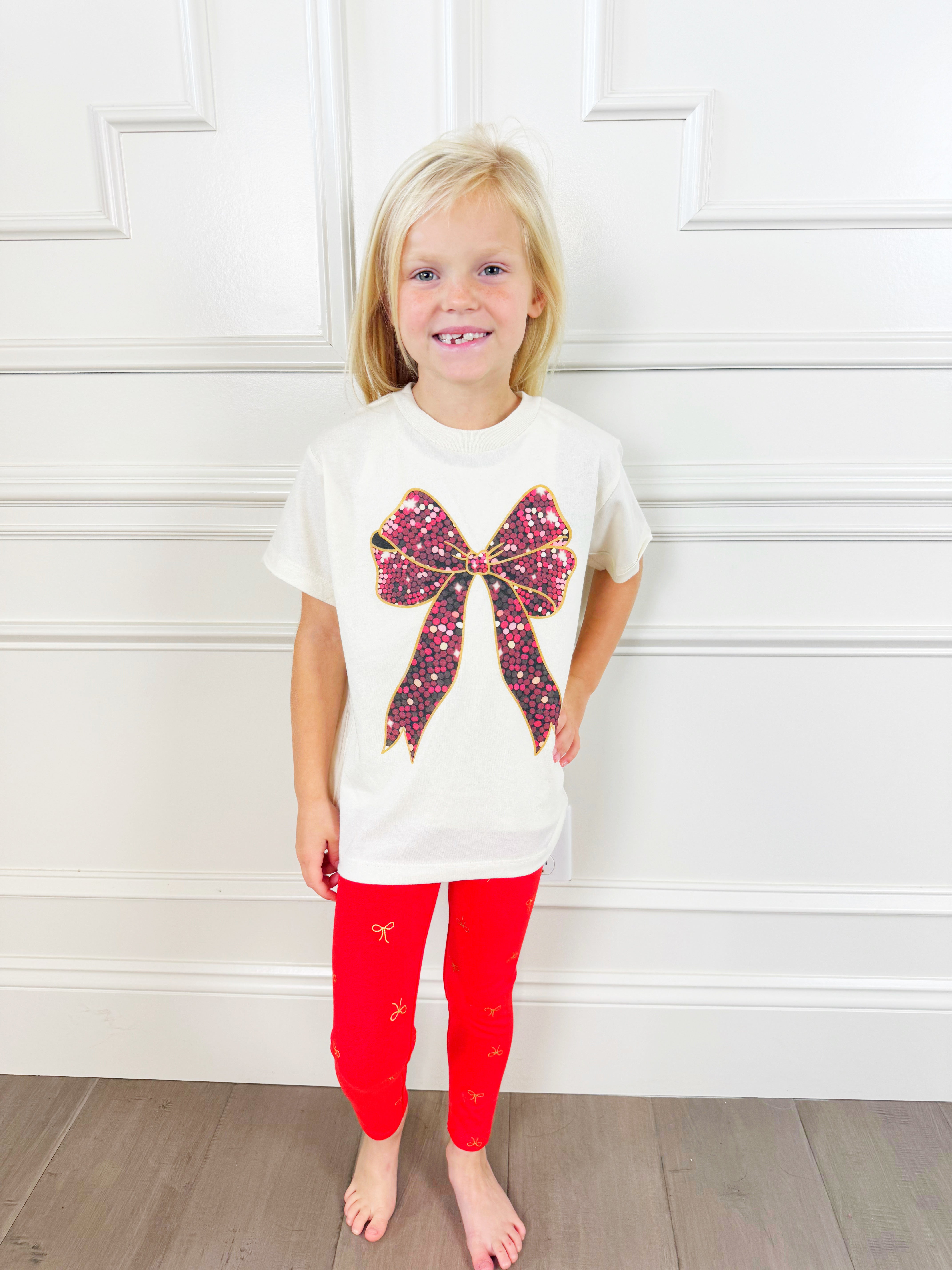 Red/Gold Sparkle Bow Tee Youth & Adult