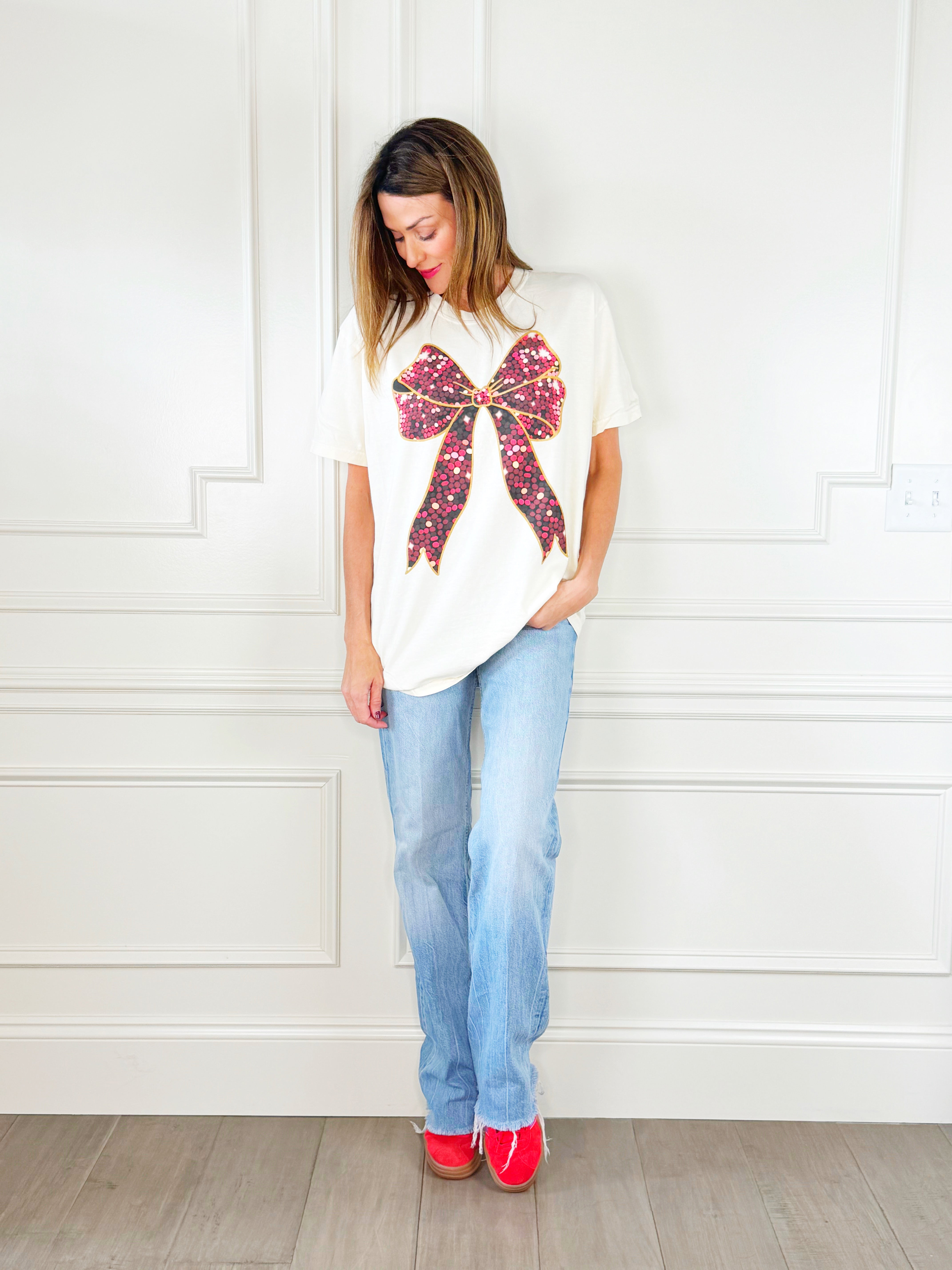 Red/Gold Sparkle Bow Tee Youth & Adult