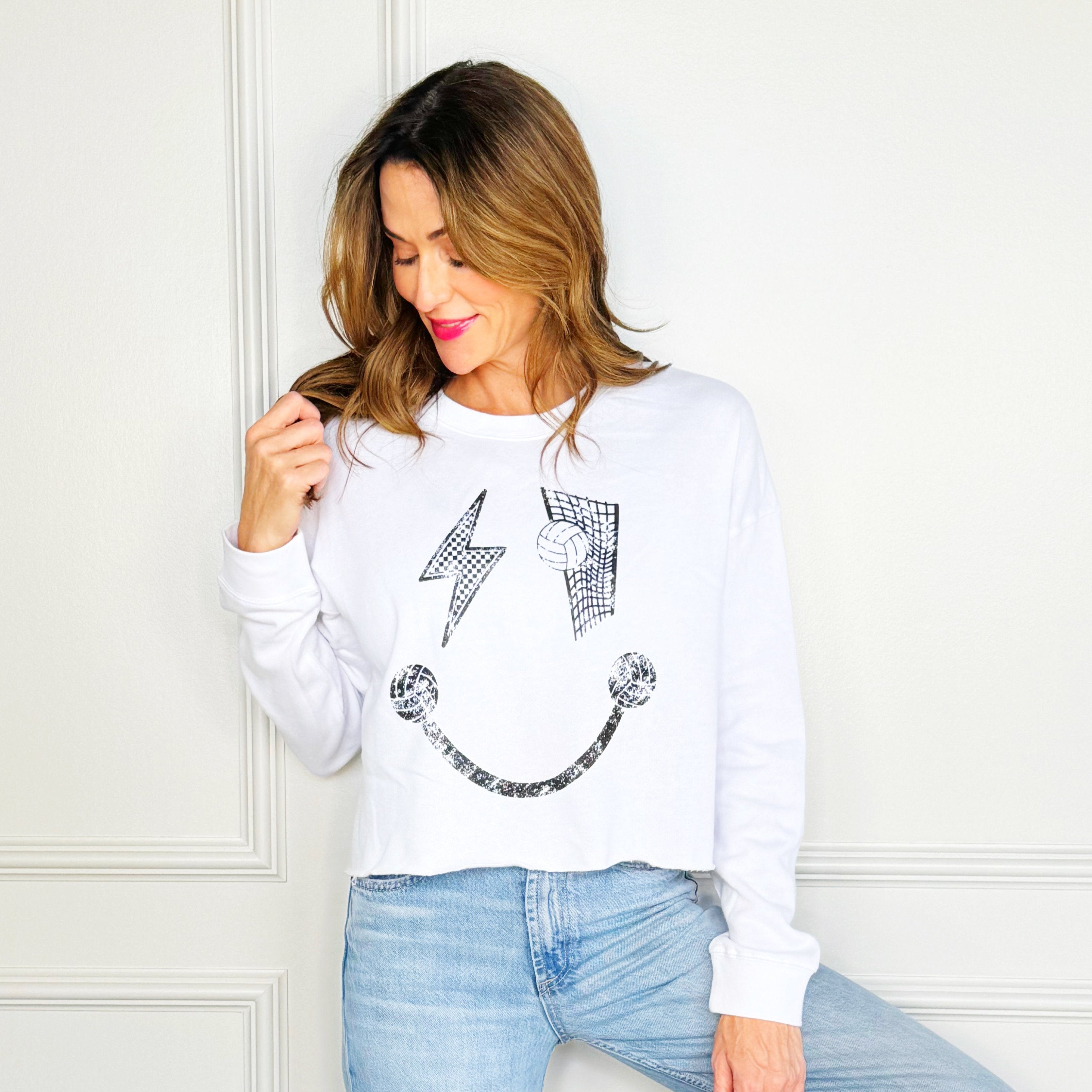 Volleyball Smiley Crop Sweatshirt