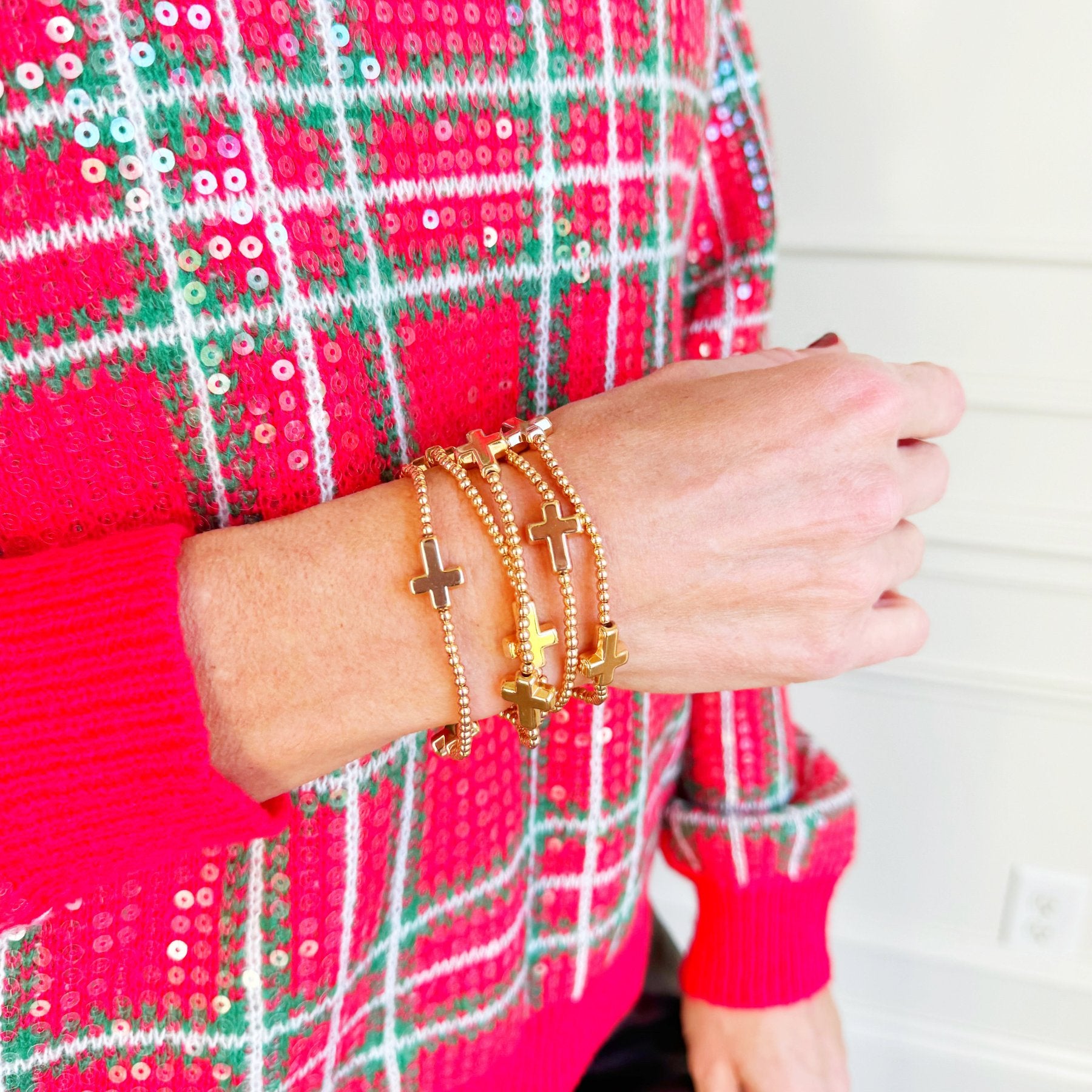 Gold Sideways Cross Bracelet Stack