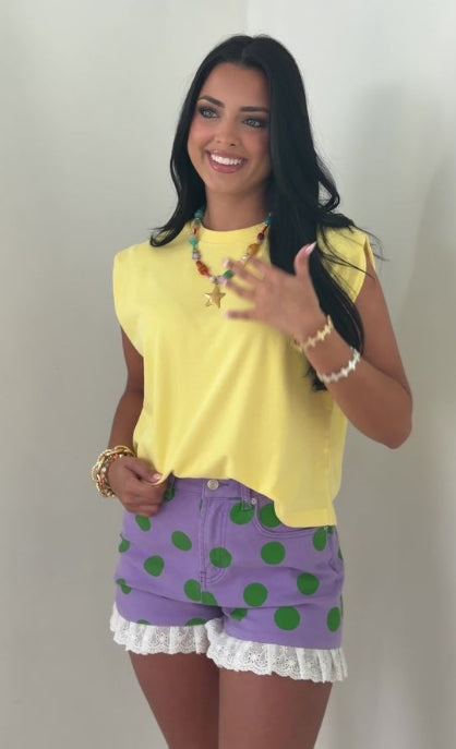 Purple Dot Party Denim Ruffle Short - Pre Order