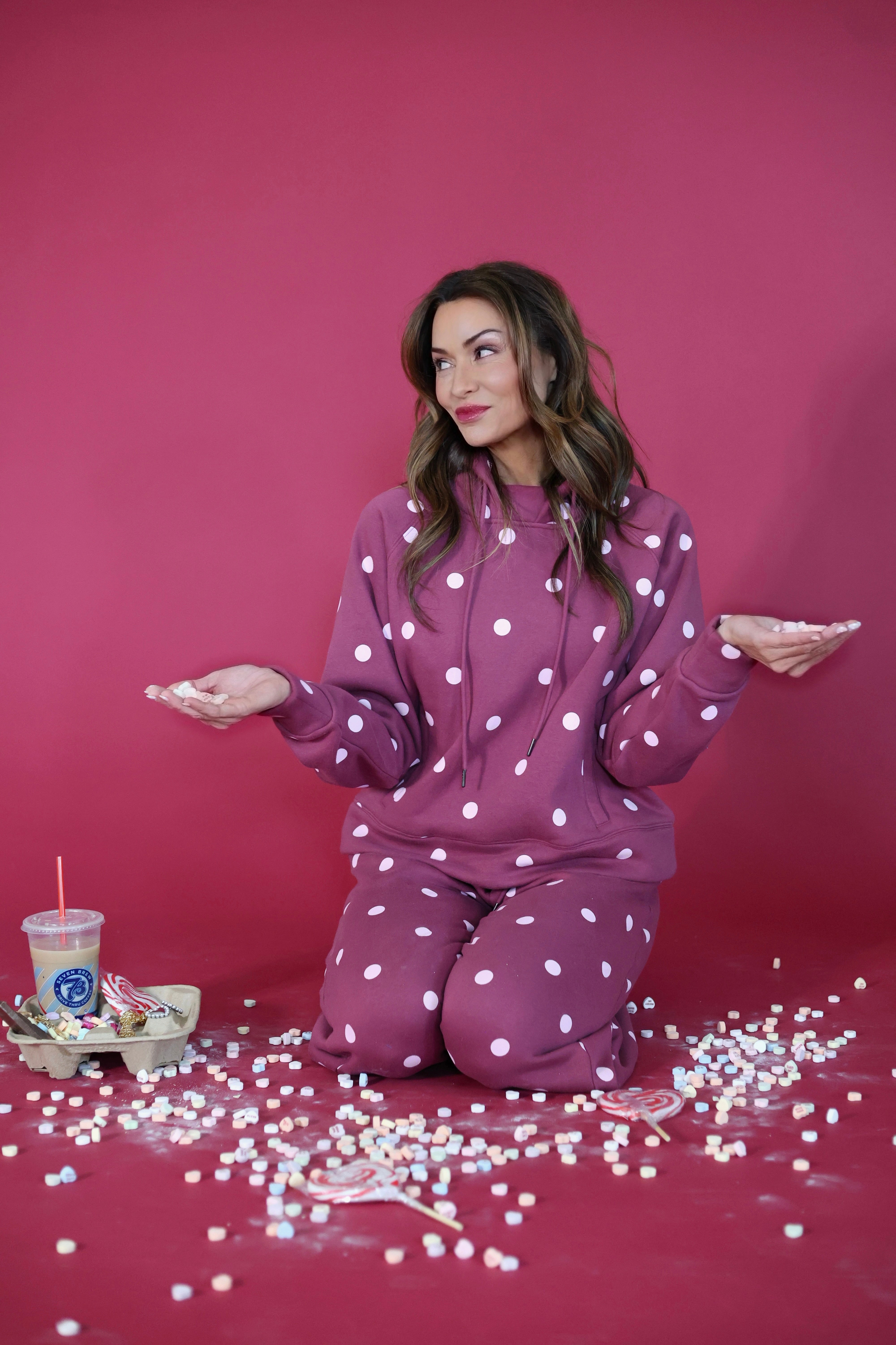 Maroon Pink Polka Dot Sweatsuit Set - Hoodie & Sweatpants- Pre Order