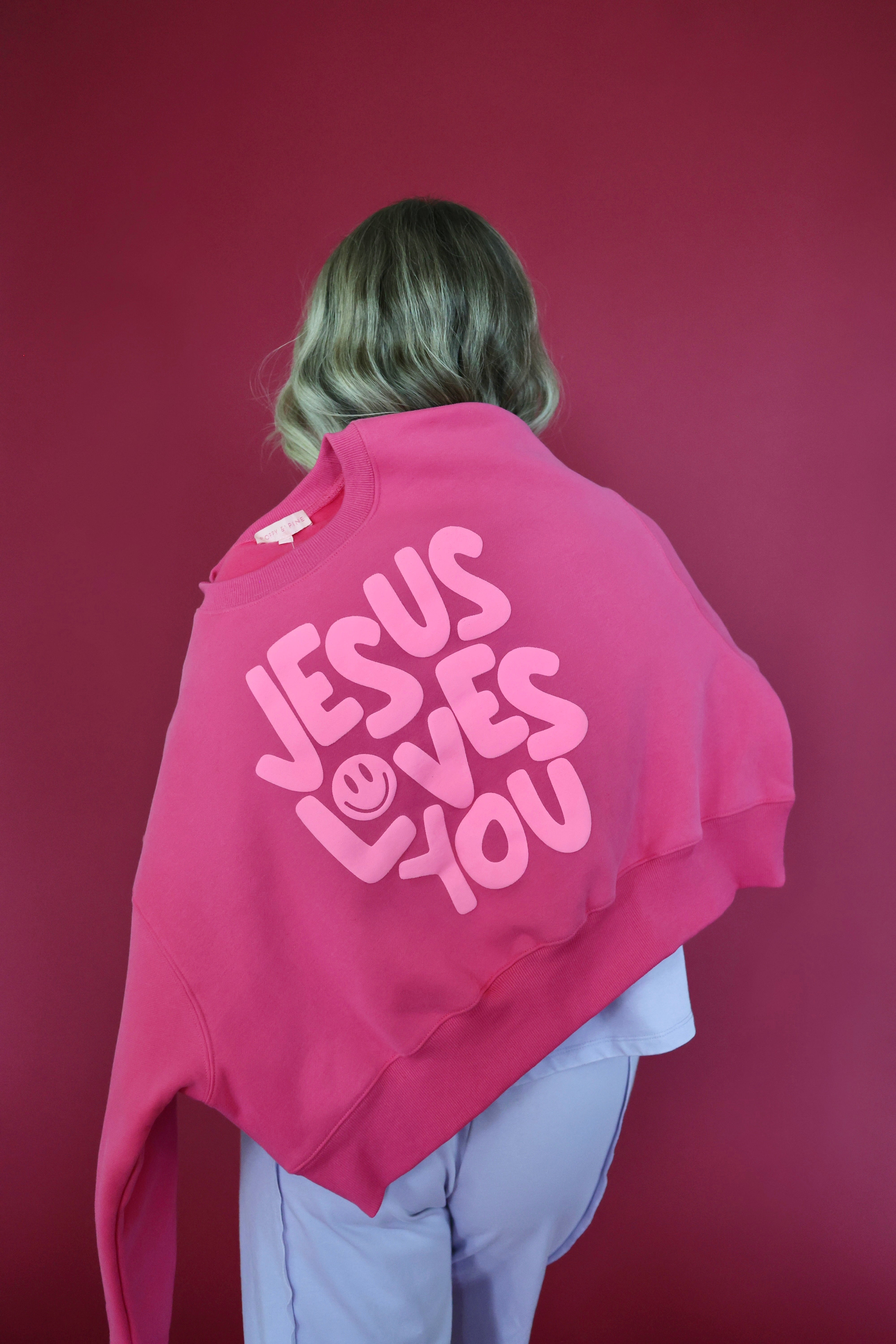 Smiley Jesus Loves You Puff Pink Crop Sweatshirt