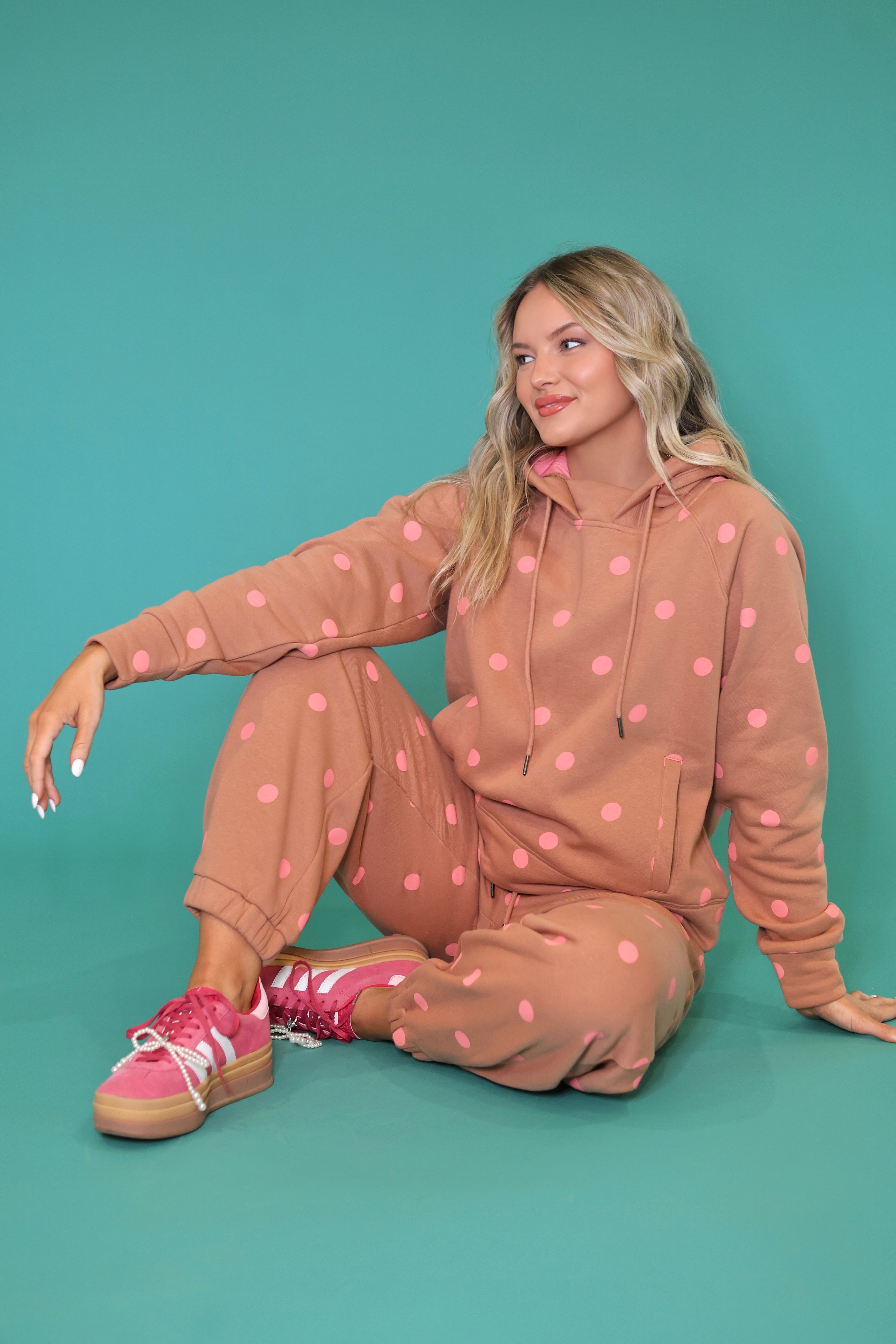 Brown Pink Polka Dot Sweatsuit Set - Hoodie & Sweatpants- Pre Order