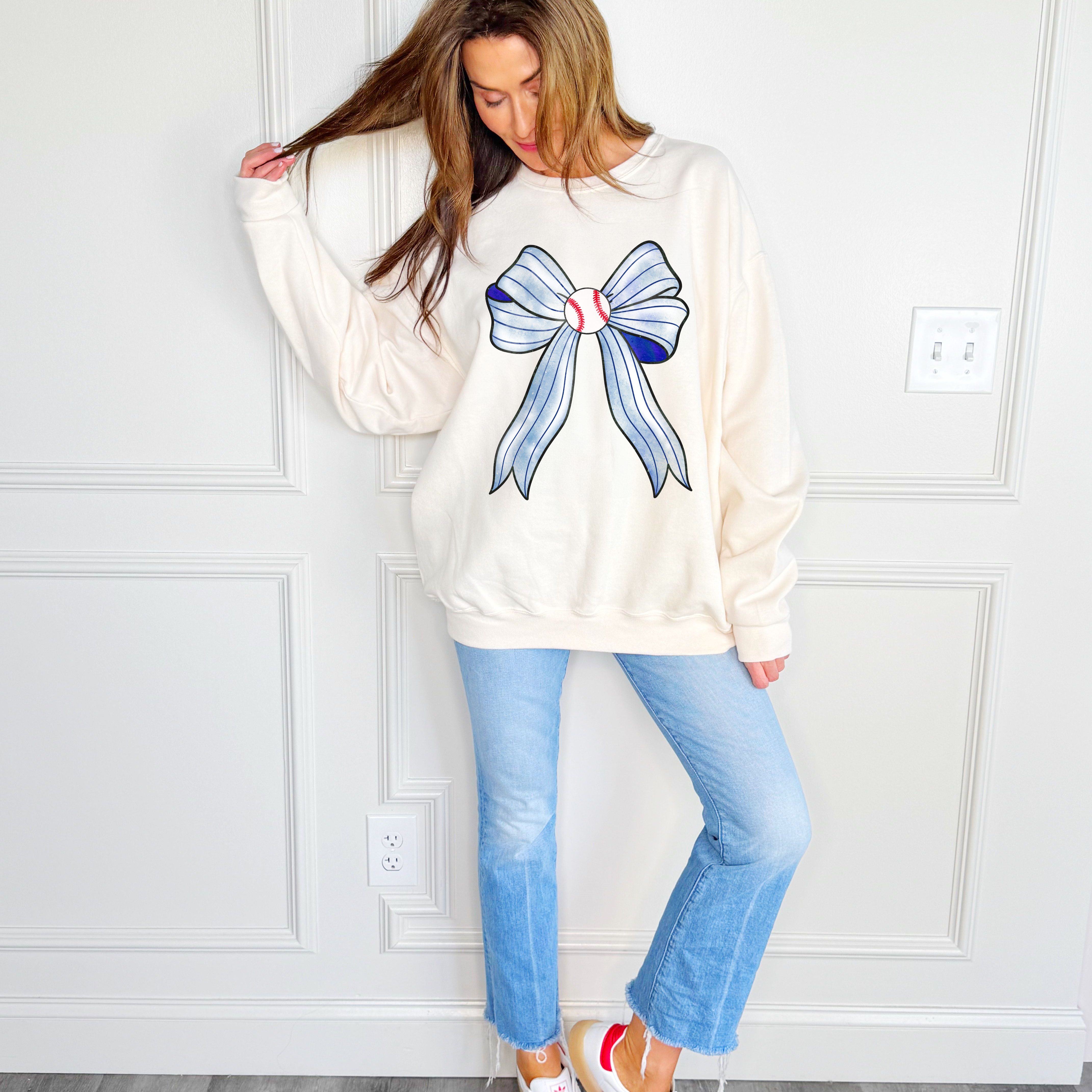 Blue Pinstripe Baseball Bow Sweatshirt