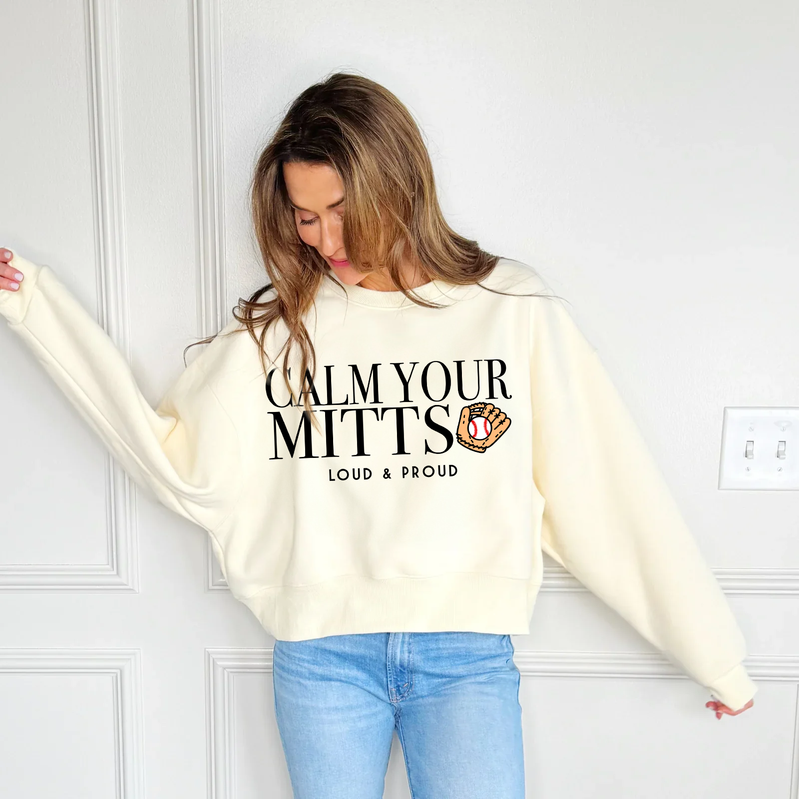 Baseball Calm Your Mitts Crop Sweatshirt