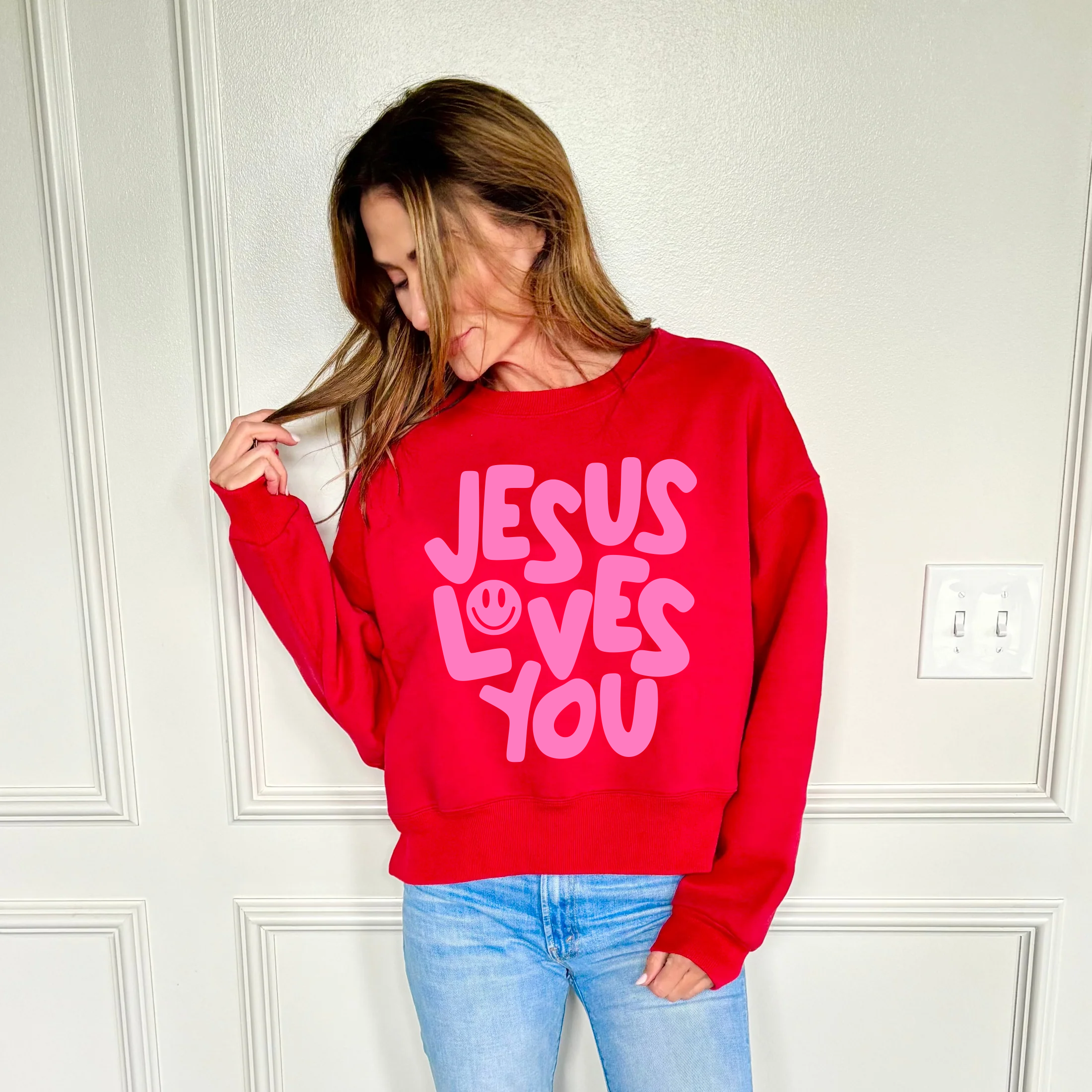 Smiley Jesus Loves You Puff Red Crop Sweatshirt
