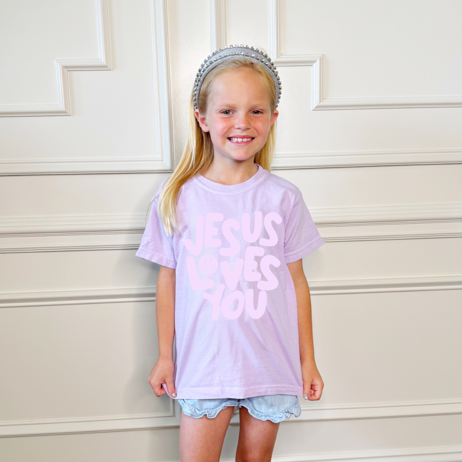 Smiley Jesus Loves You Puff Youth Tee