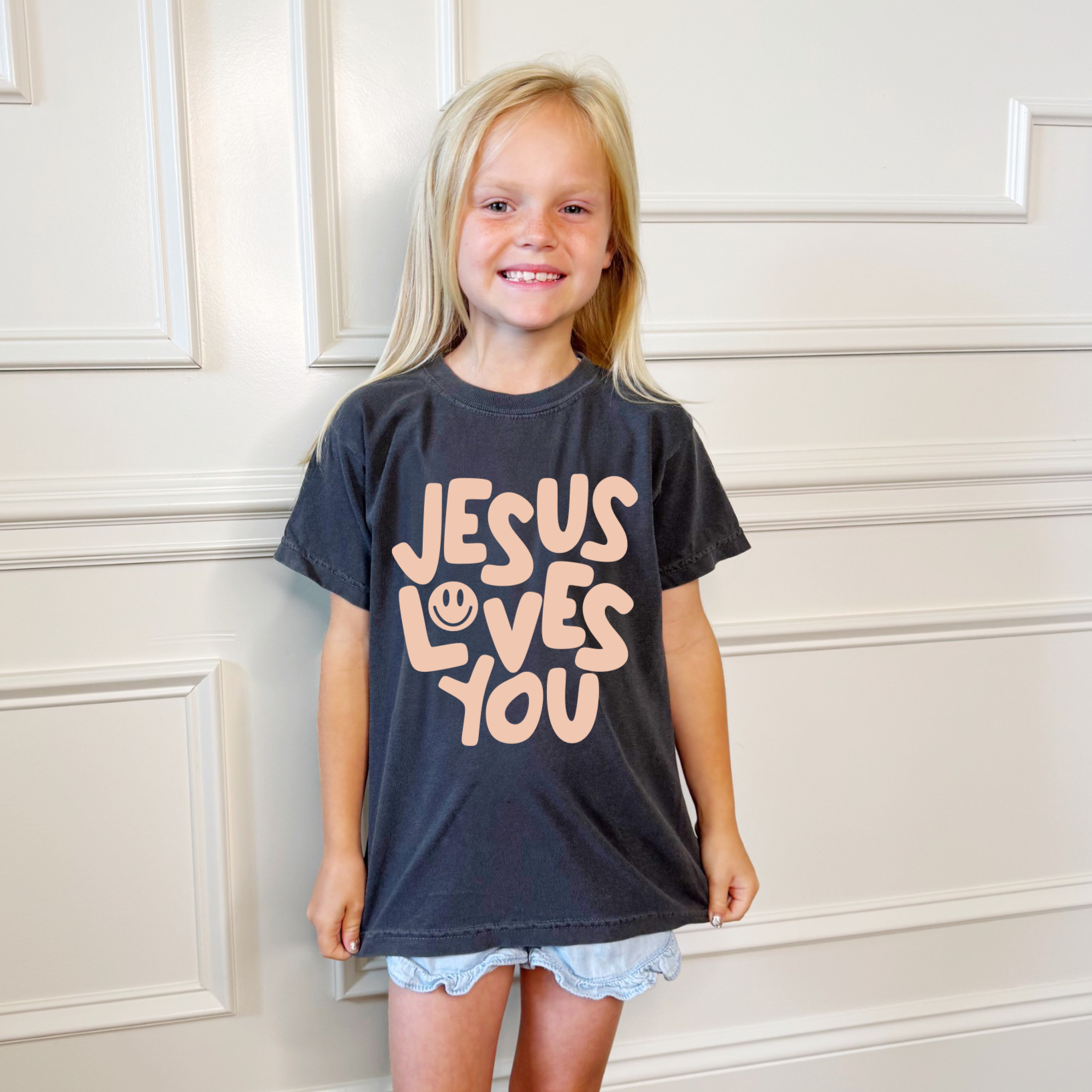 Smiley Jesus Loves You Puff Youth Tee