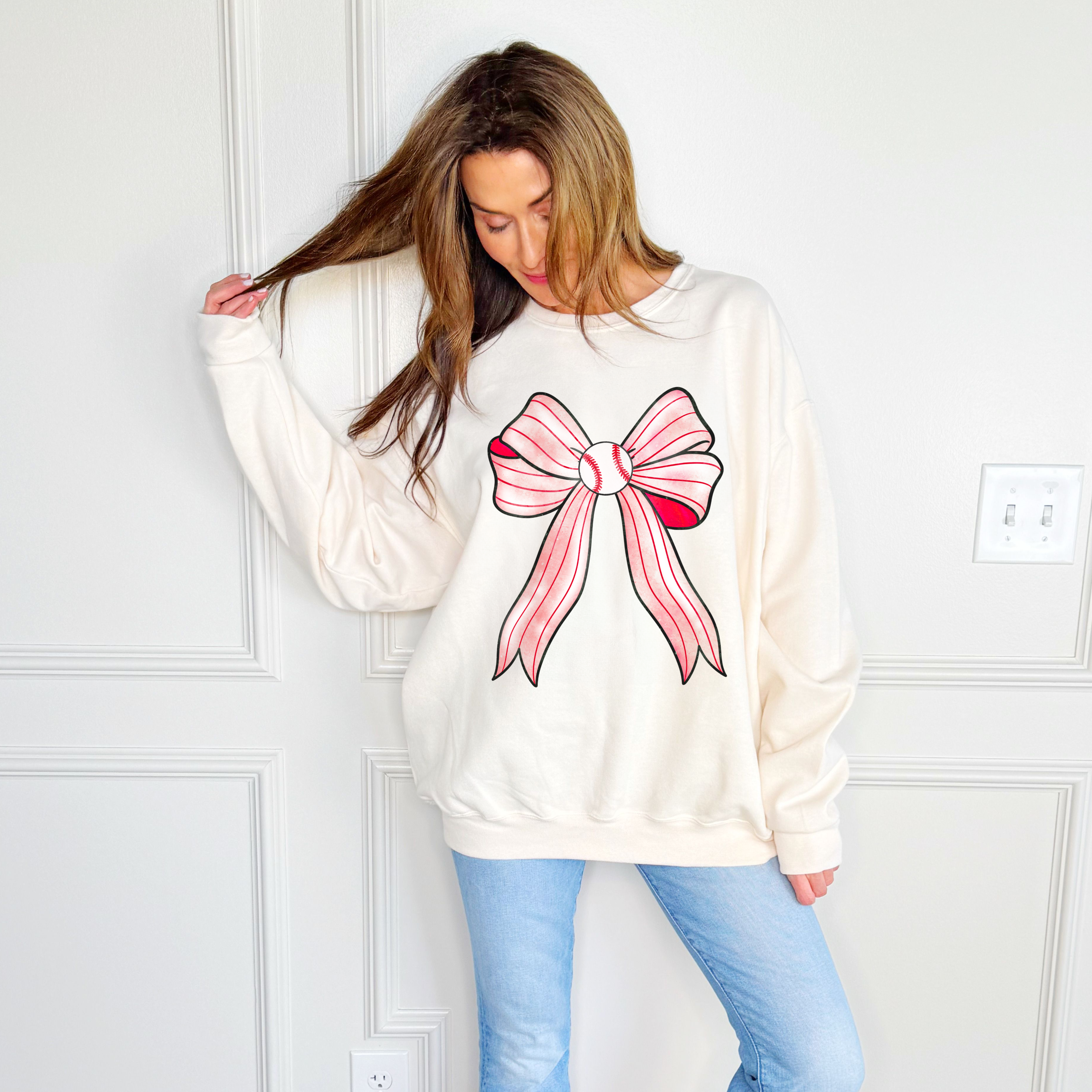 Red Pinstripe Baseball Bow Sweatshirt