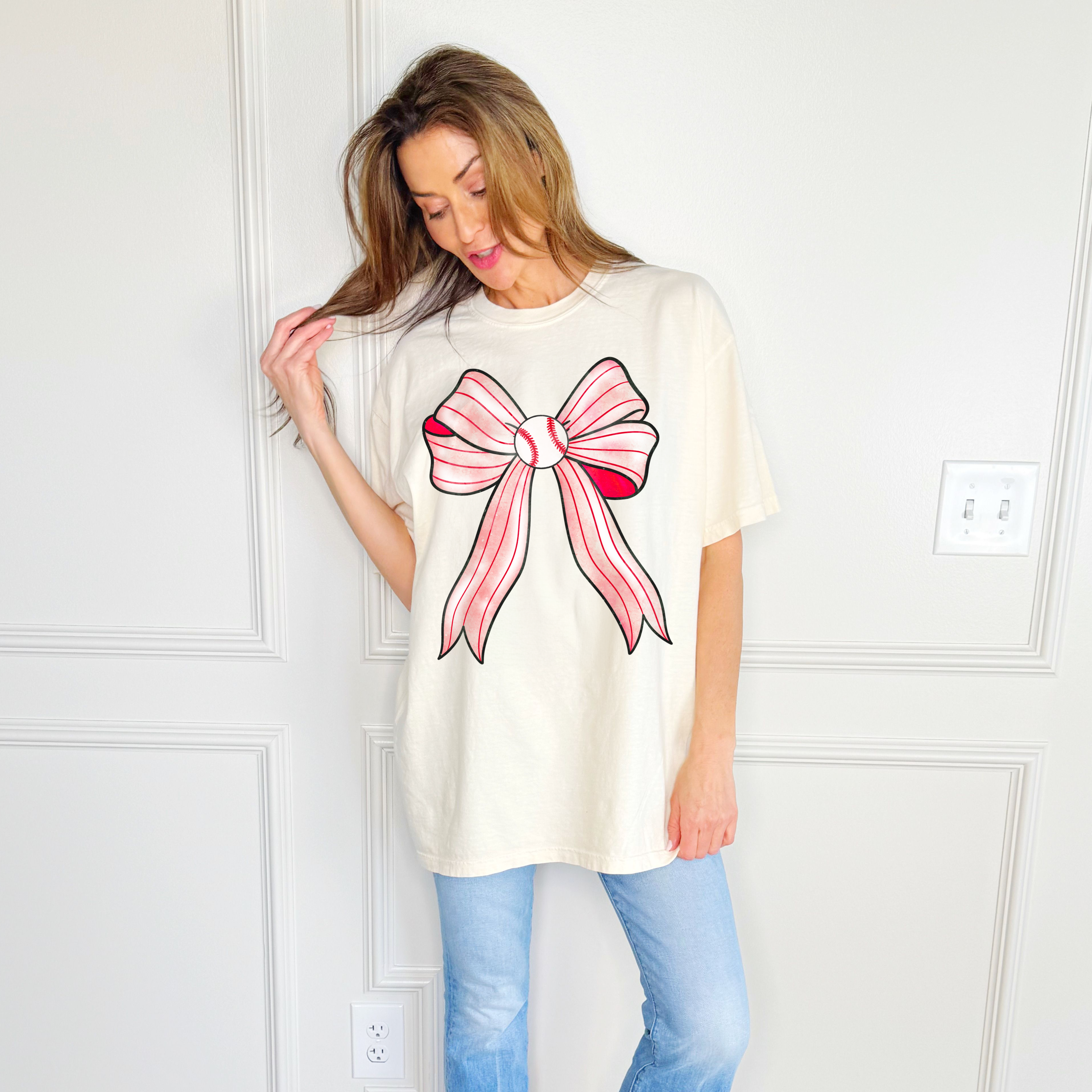 Red Pinstripe Baseball Bow Tee