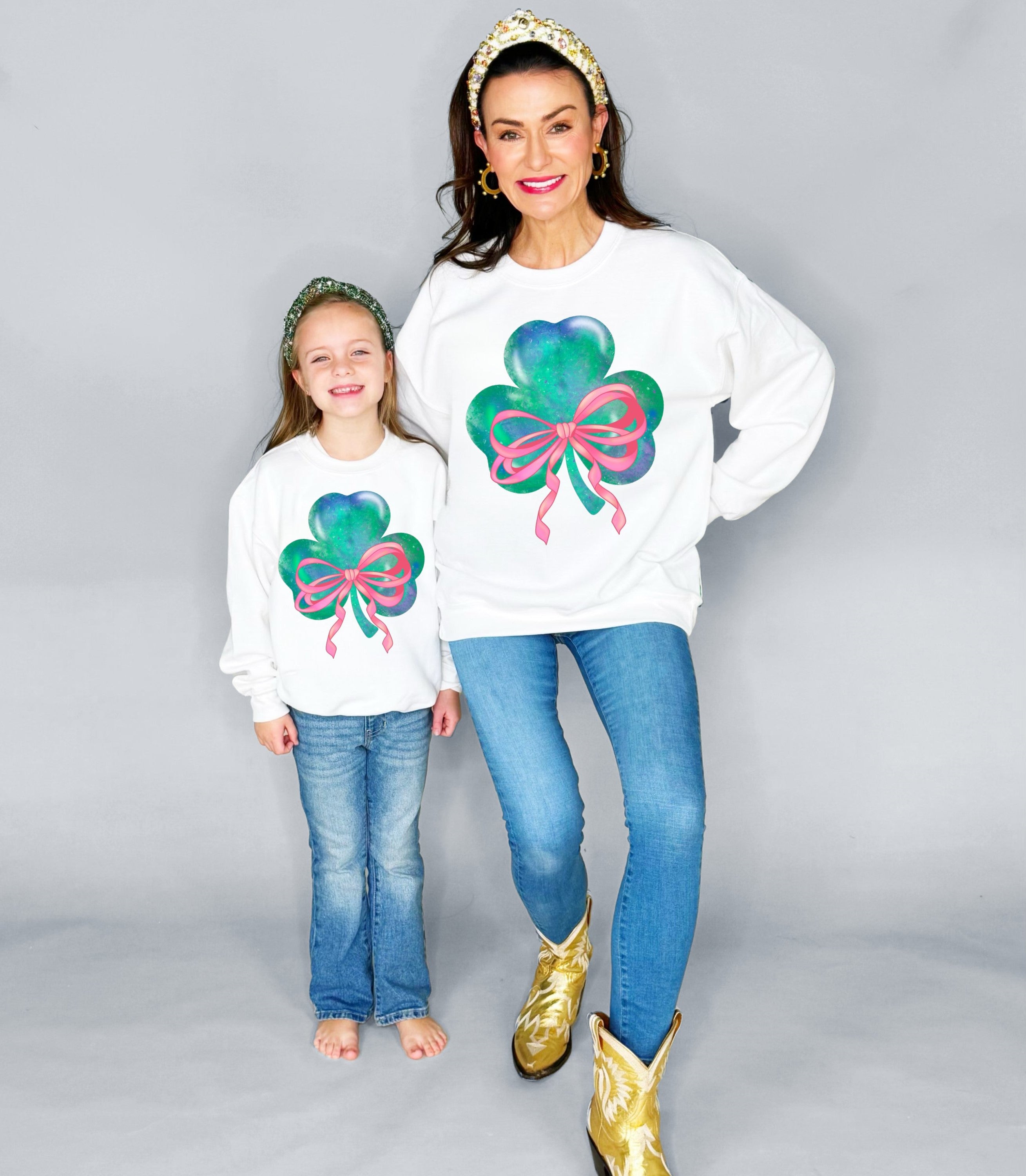 St. Patricks Day Pink Bow Shamrock Youth and Adult Sweatshirts