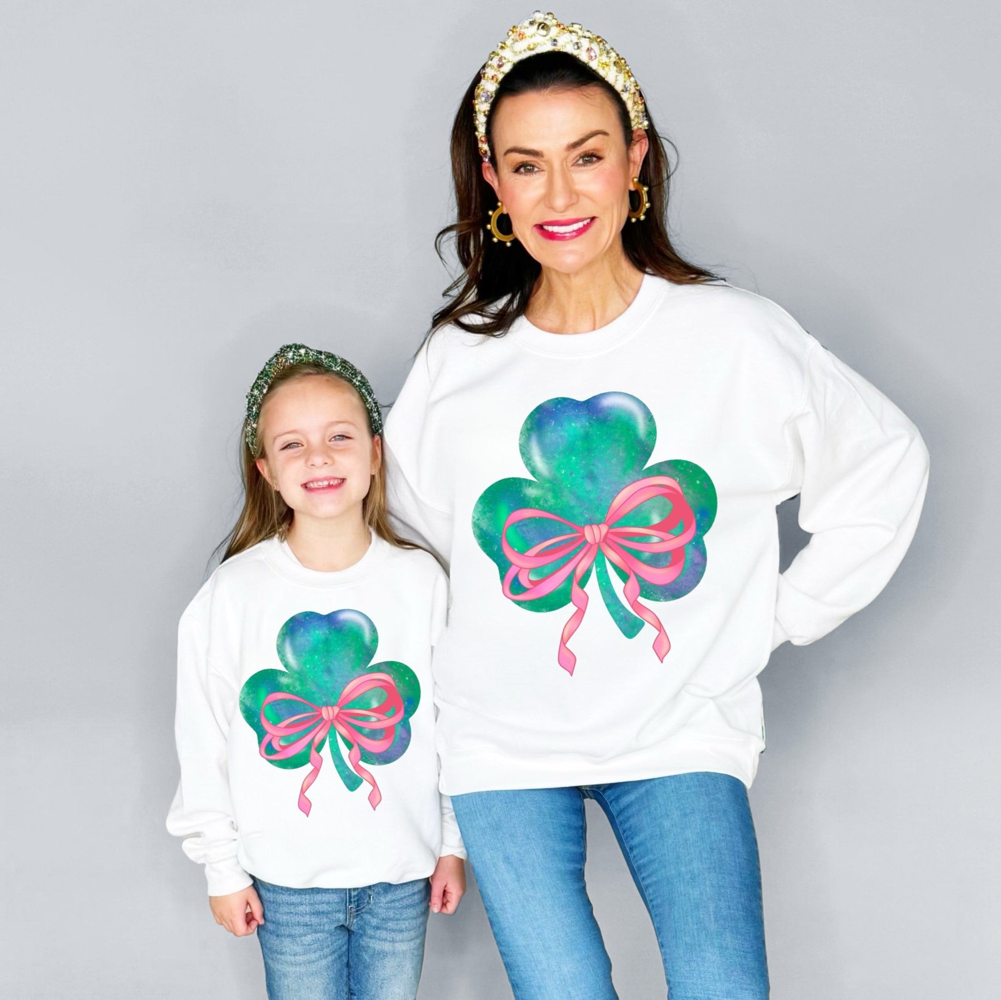 St. Patricks Day Pink Bow Shamrock Youth and Adult Sweatshirts