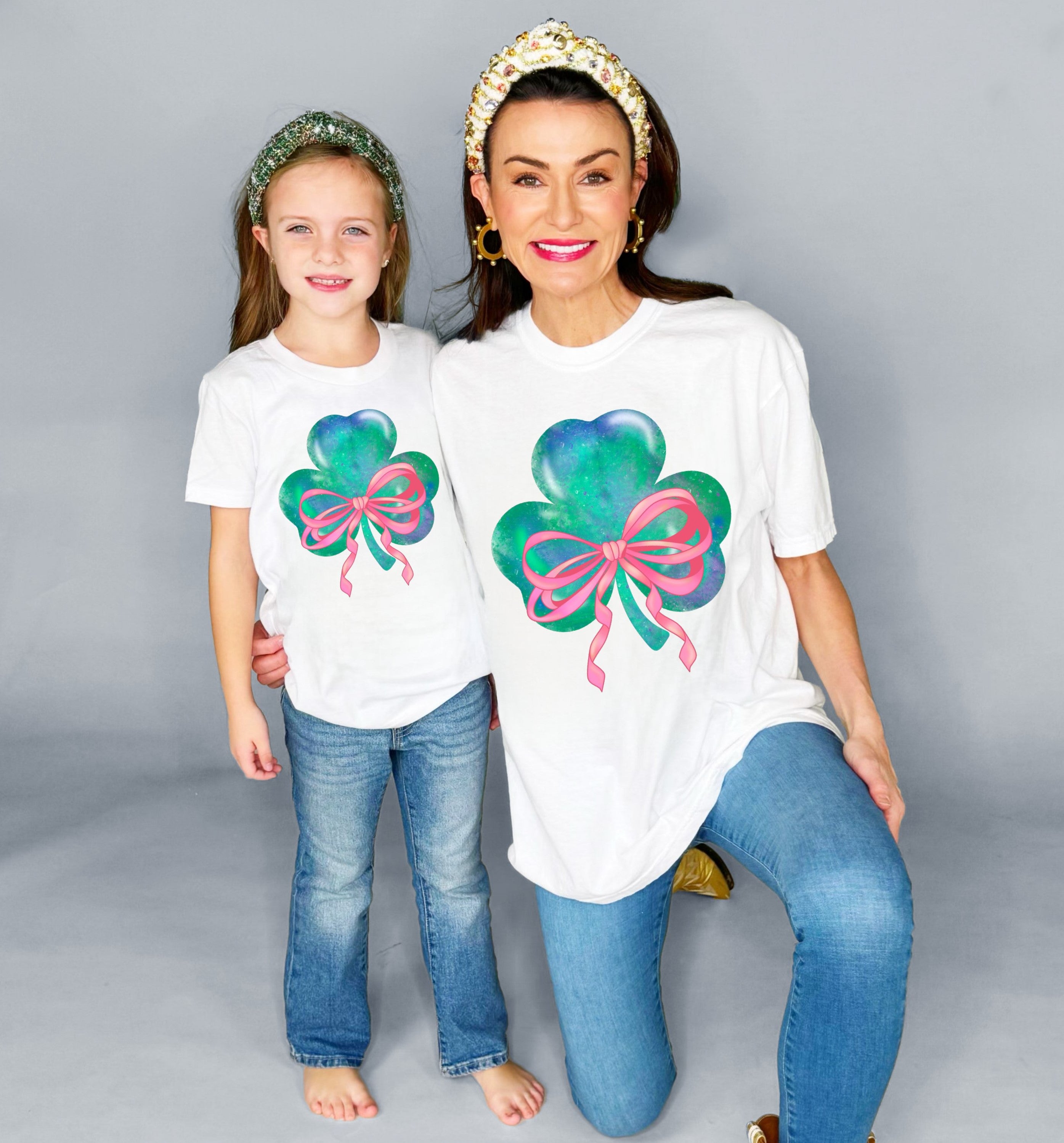 St. Patricks Day Pink Bow Shamrock Youth and Adult Tees