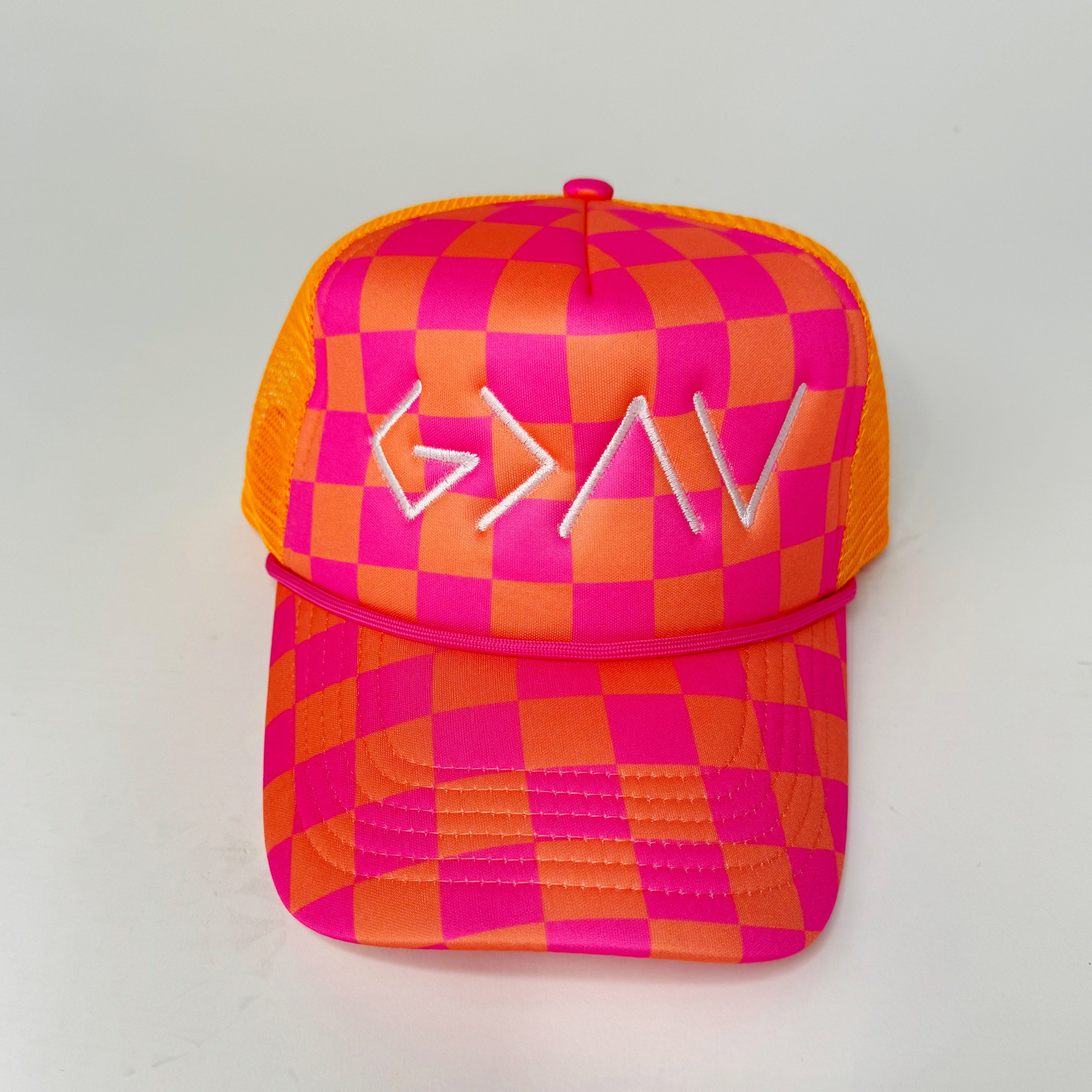 God is Greater Than Highs and Lows Checkered Trucker Hat