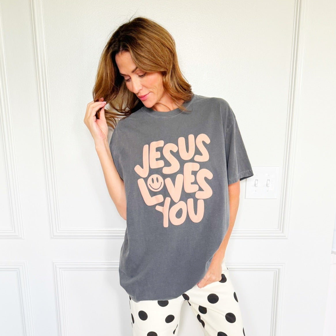 Smiley Jesus Loves You Puff Tee