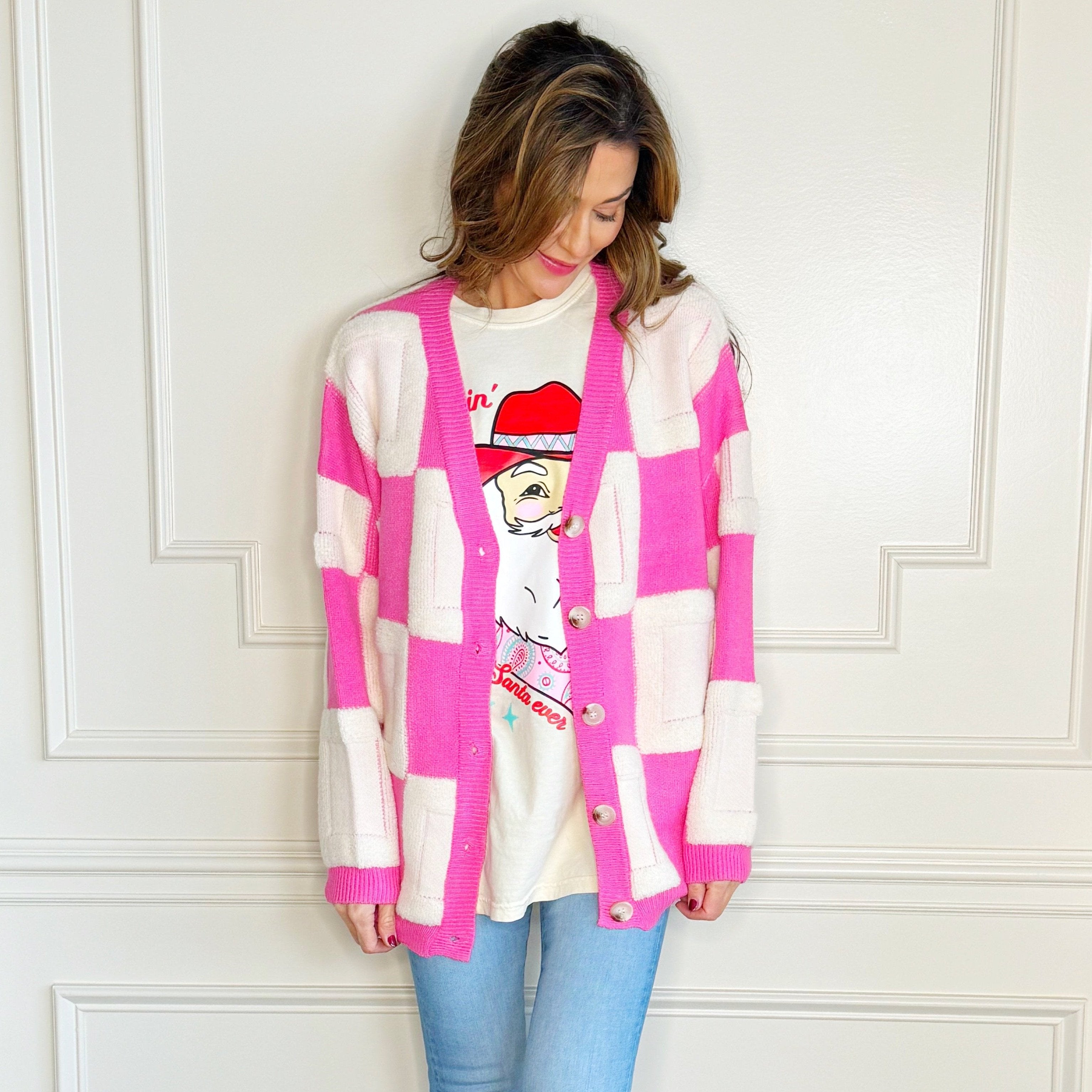 Pink and White Large Checker Cardigan