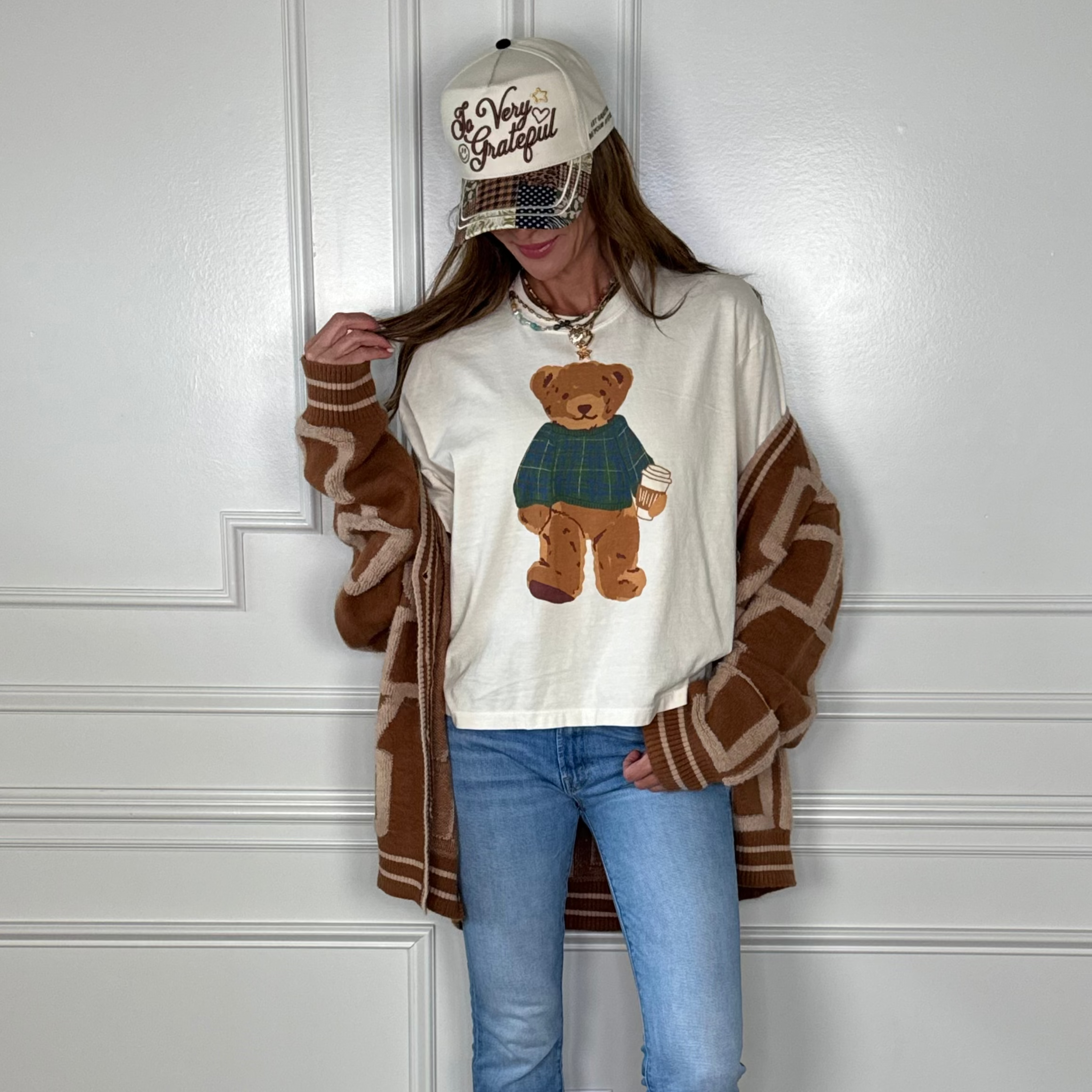 Cozy Plaid Bear Crop Tee