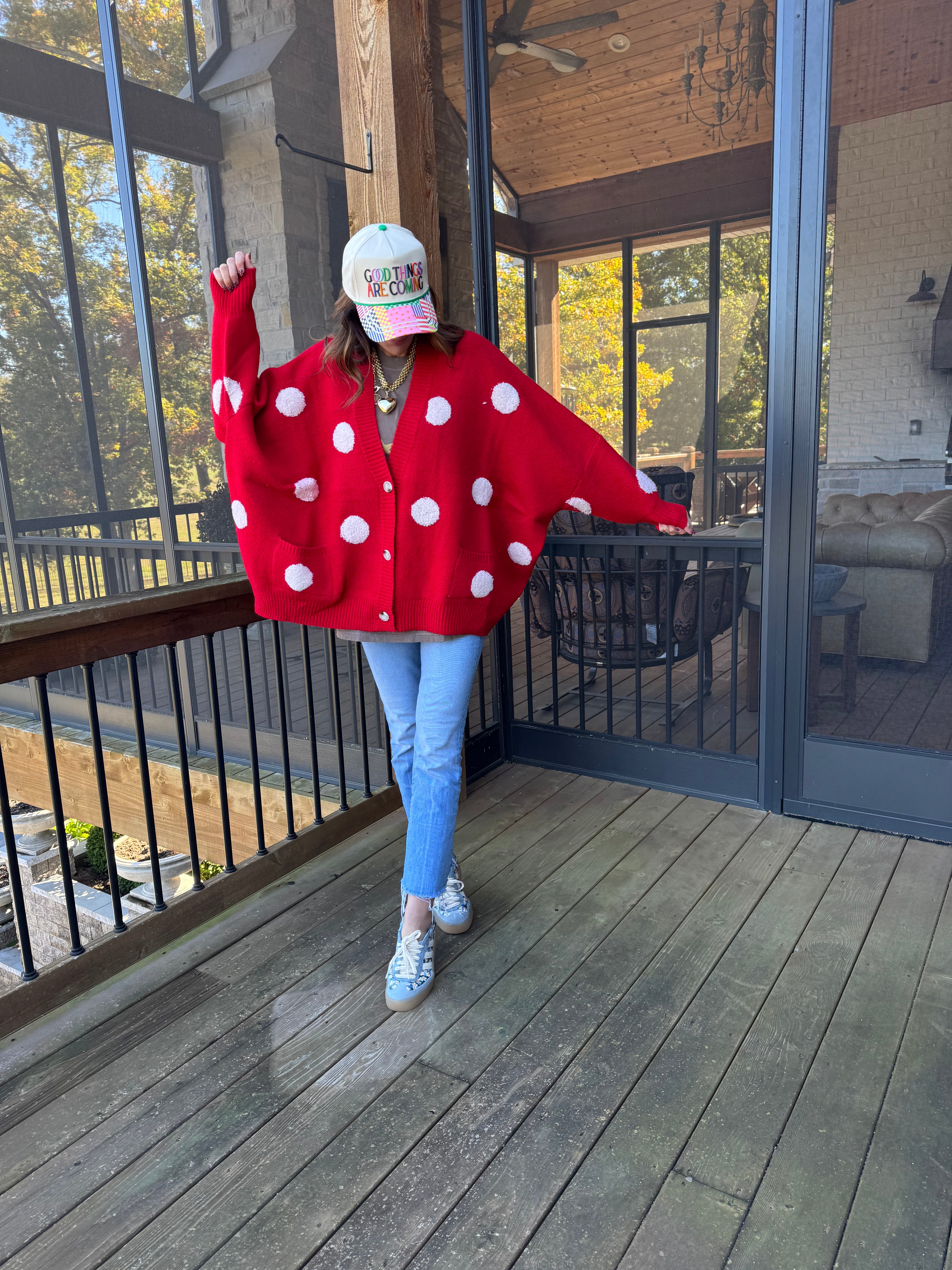 Oversized Red Polka Dot Cardigan