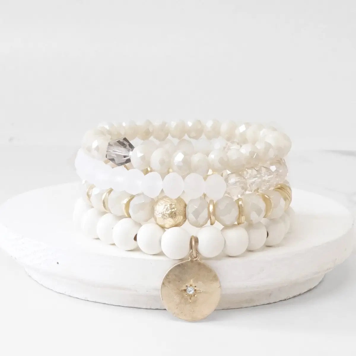 White Cream with gold coin Charm Bracelet Stack