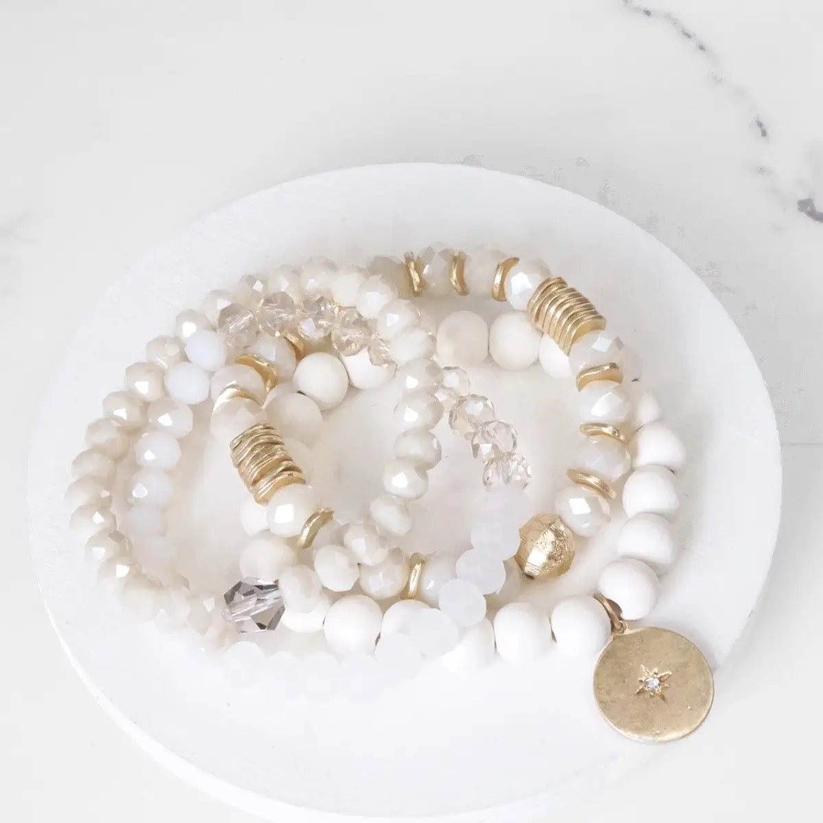 White Cream with gold coin Charm Bracelet Stack