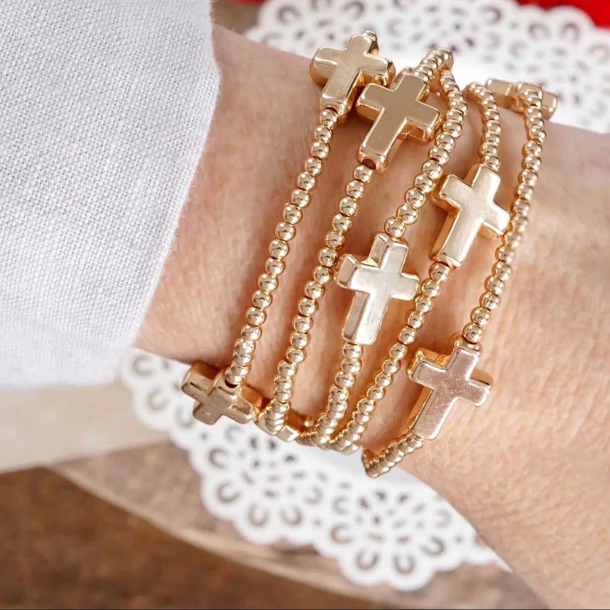 Gold Sideways Cross Bracelet Stack