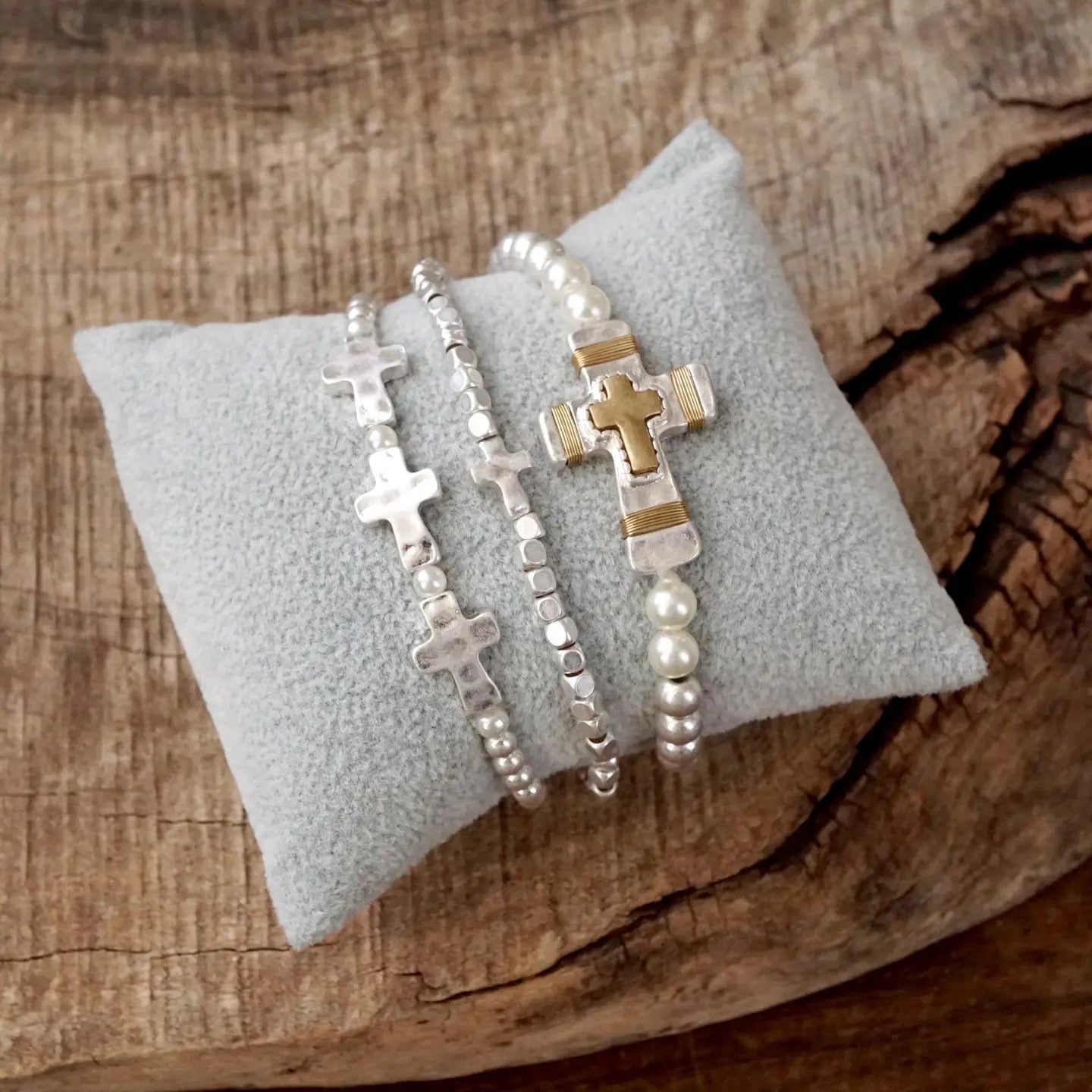 Cross Worn Silver Bracelet Stack