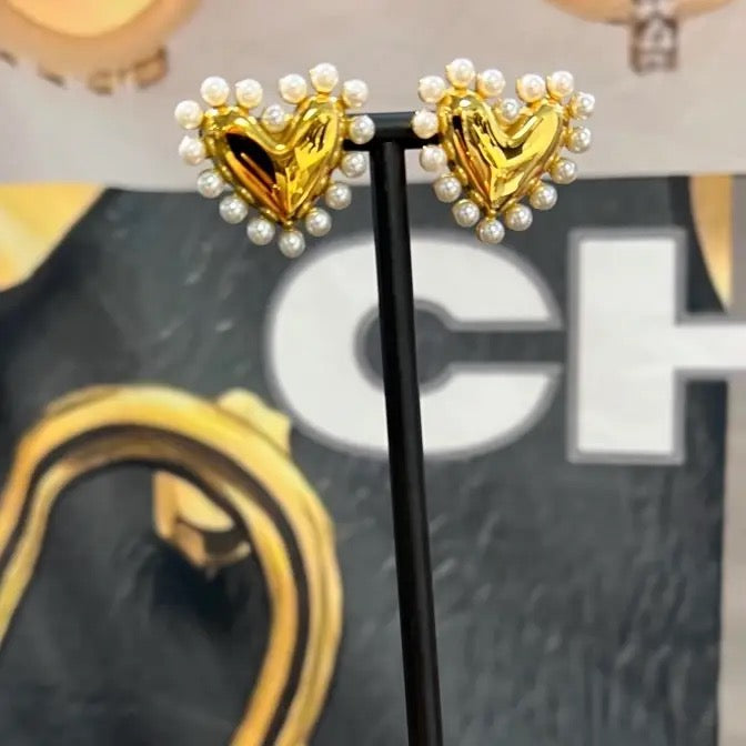 Gold Pearl Heart Earrings