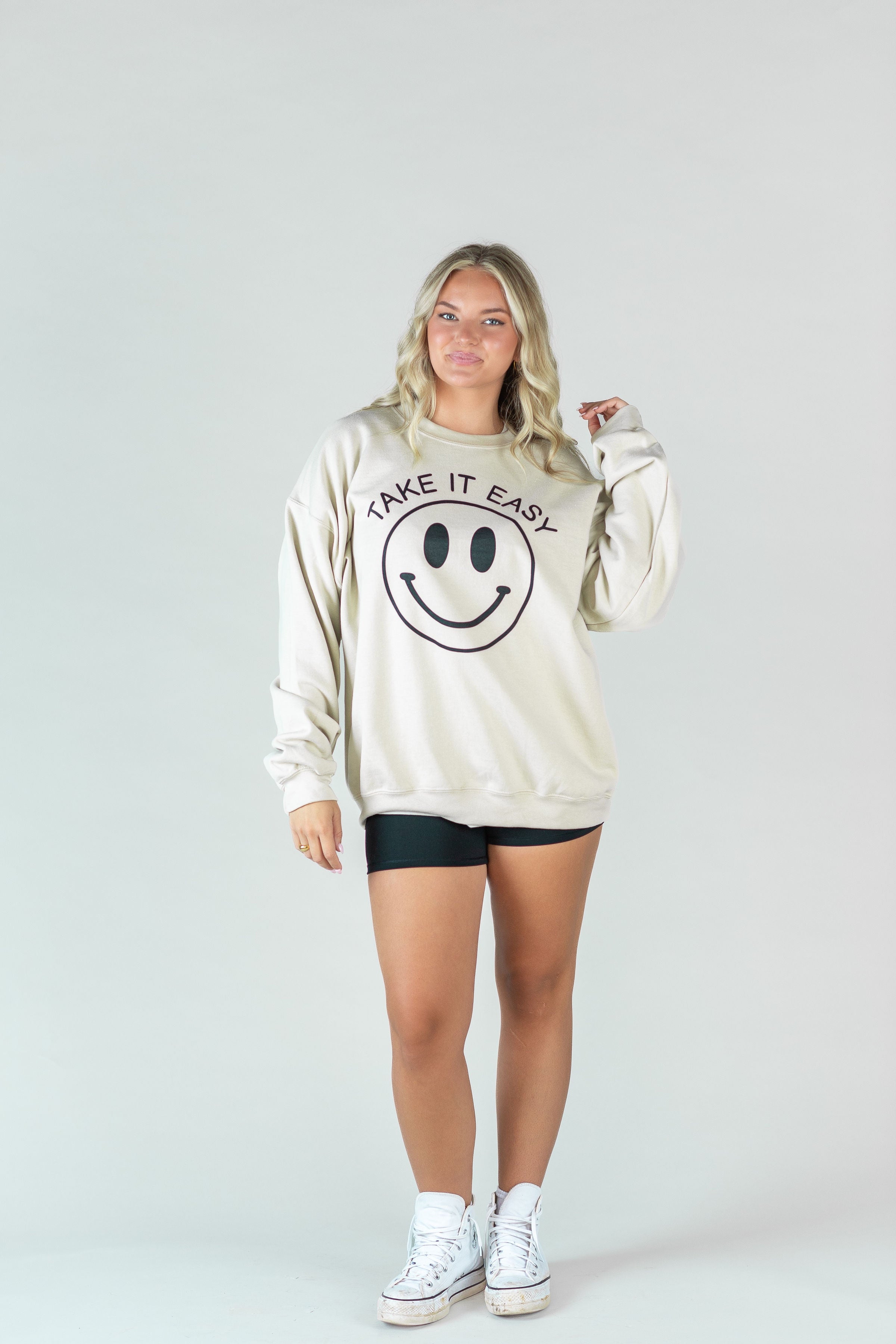 Take It Easy Tan Smiley Sweatshirt