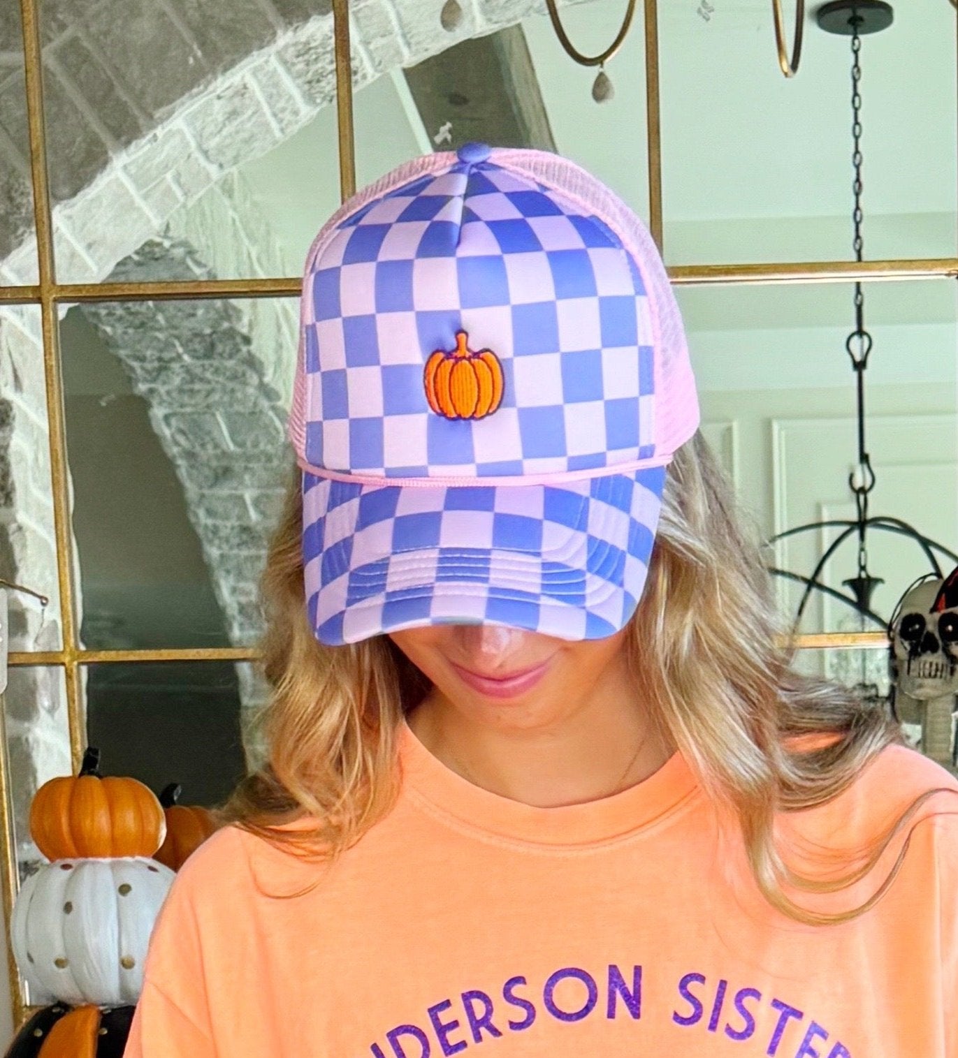 Pumpkin Checker Trucker Hat