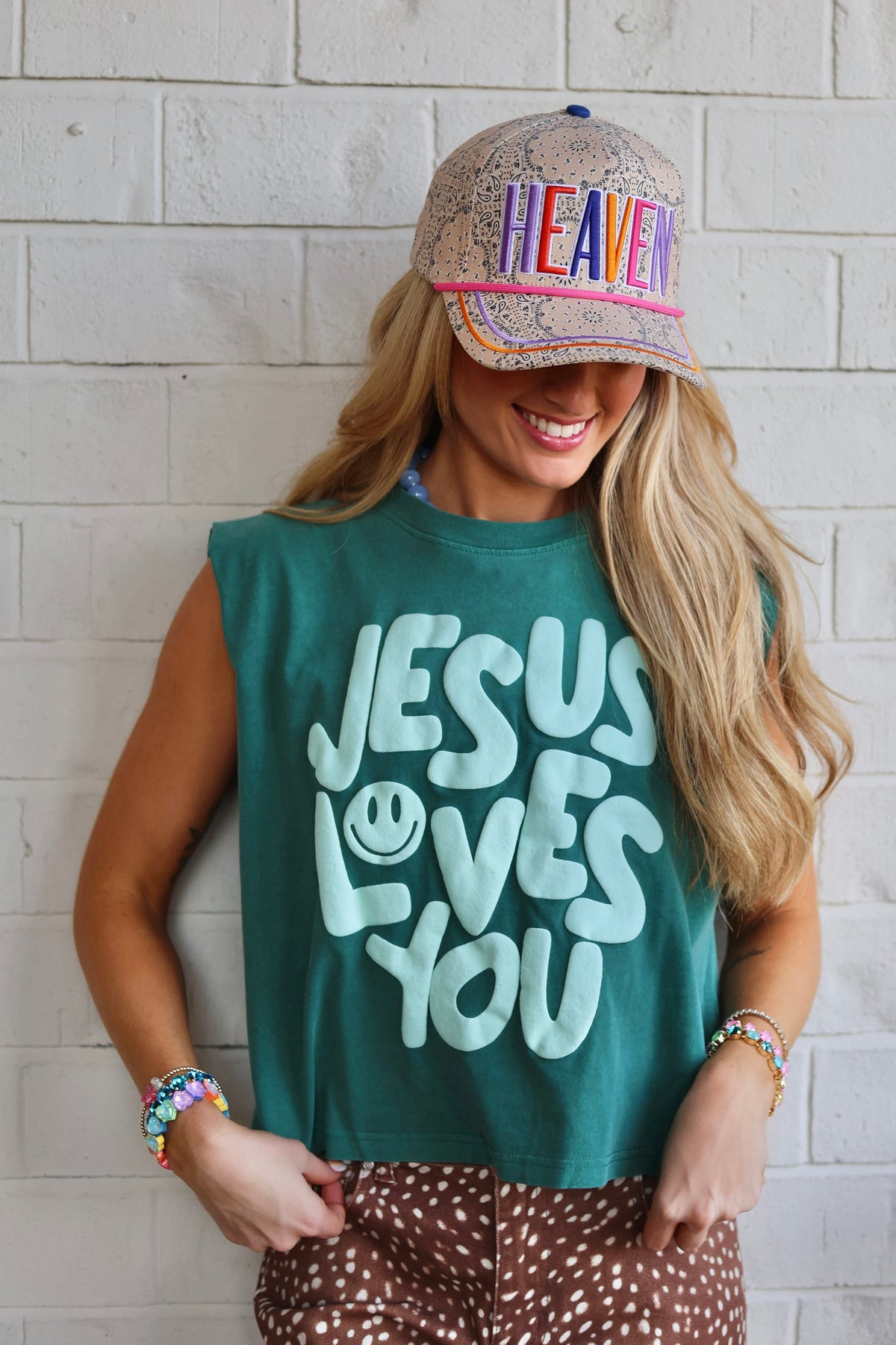 Smiley Jesus Loves You Puff New Teal Tank -PRE-SALE SHIP DATE 9/14*