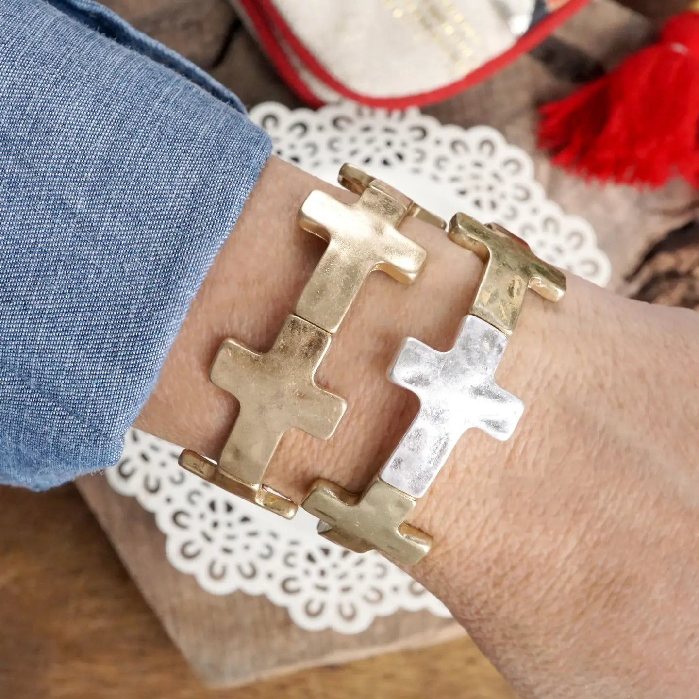 Sideways Cross Worn Silver + Gold Bracelet