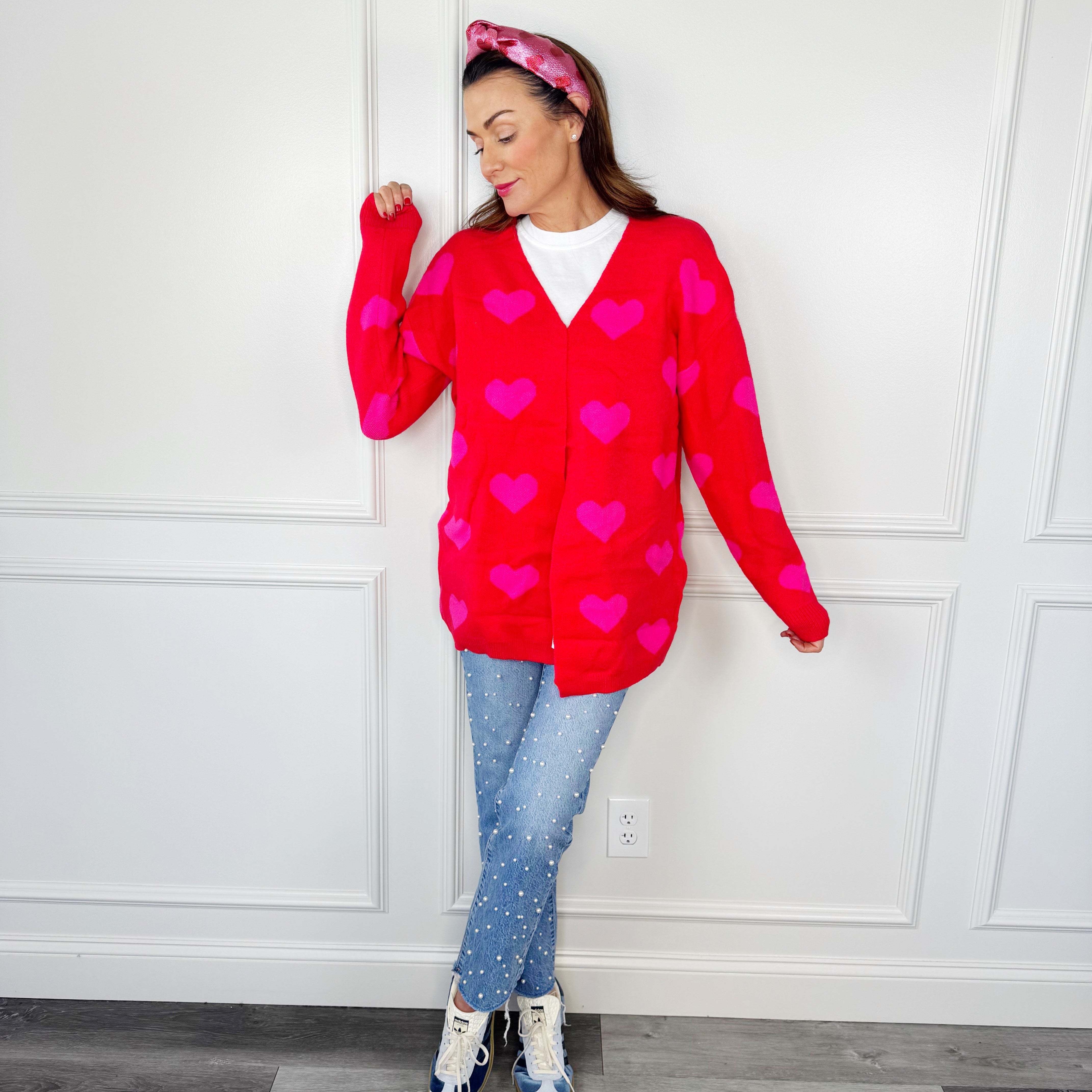 Pink Heart Pattern Cardigan