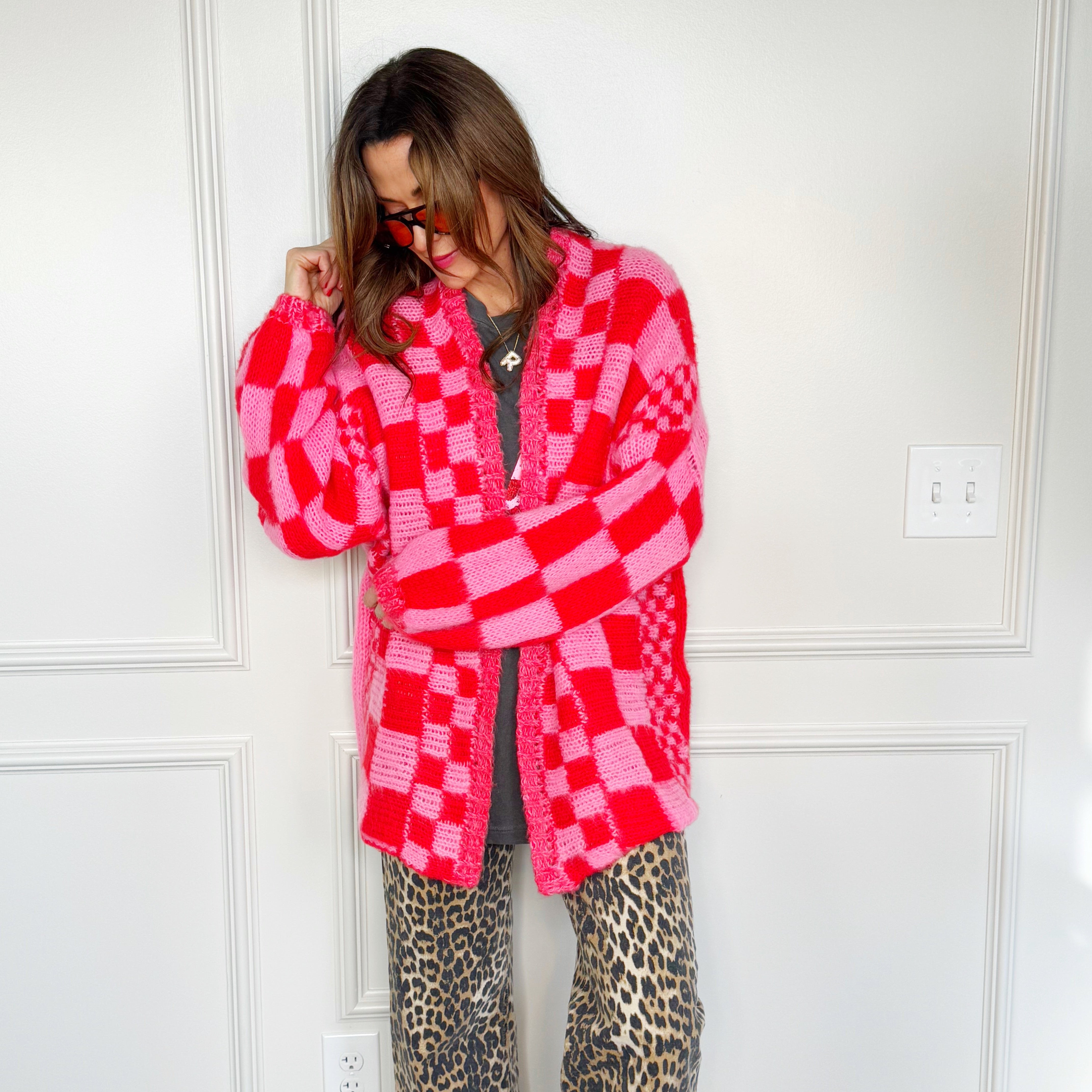 Oversized Red & Pink Checker Cardigan