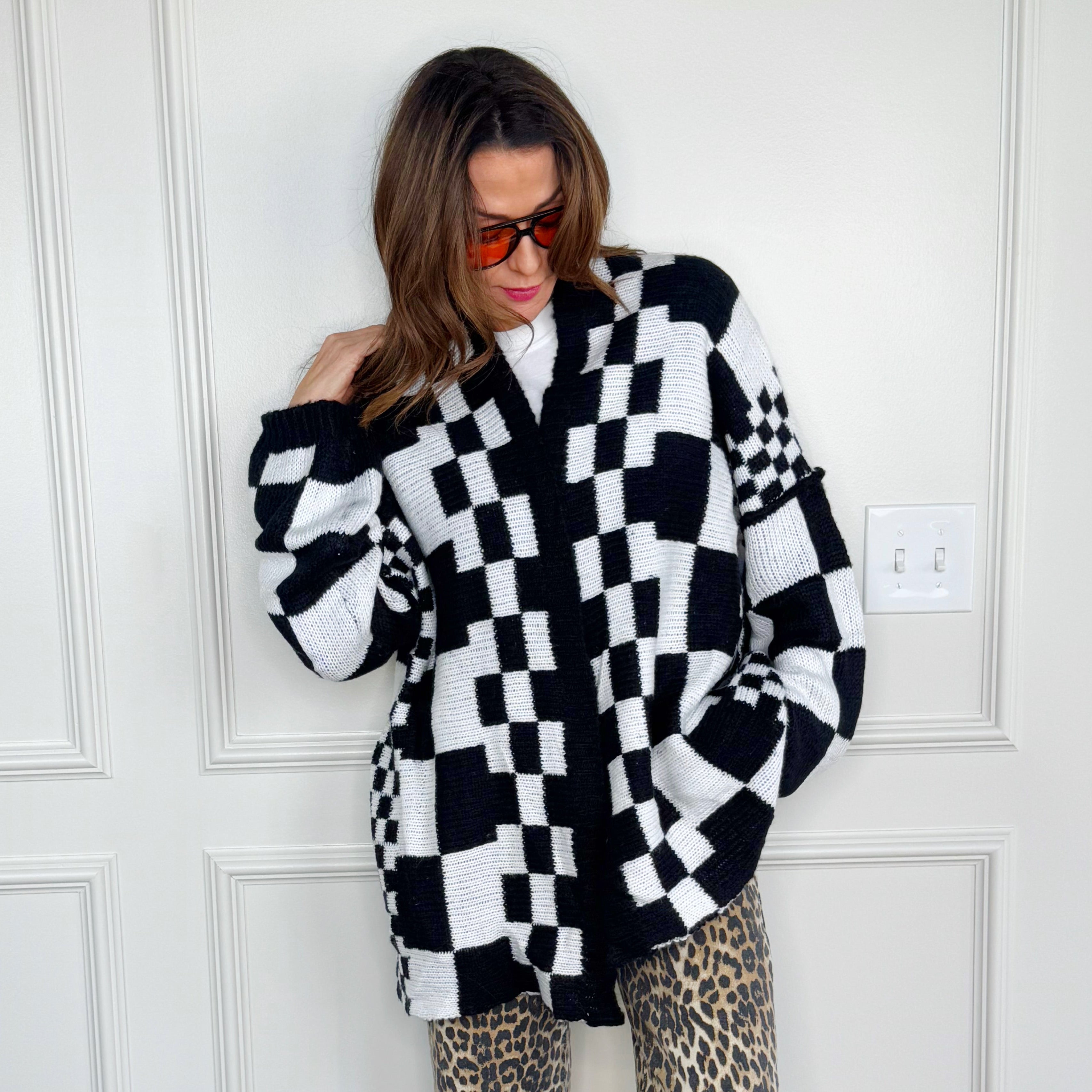 Oversized Black Checker Cardigan